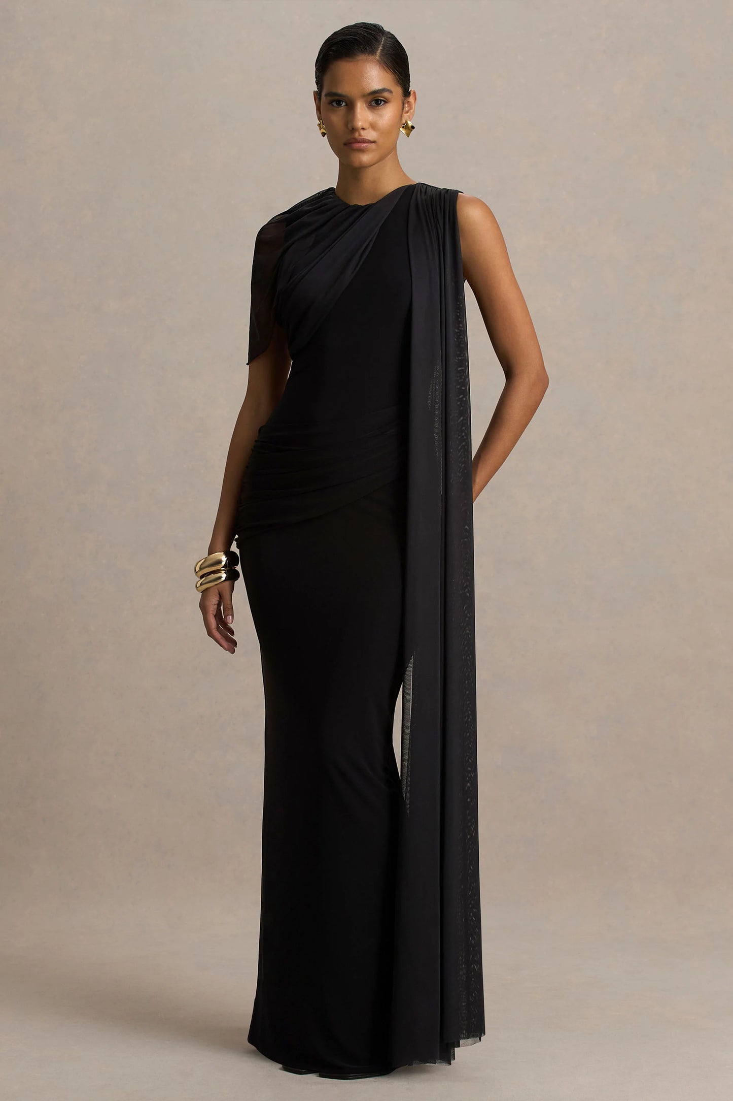 Brenda Black Crew-Neck Maxi Dress With Mesh Cape And Sash