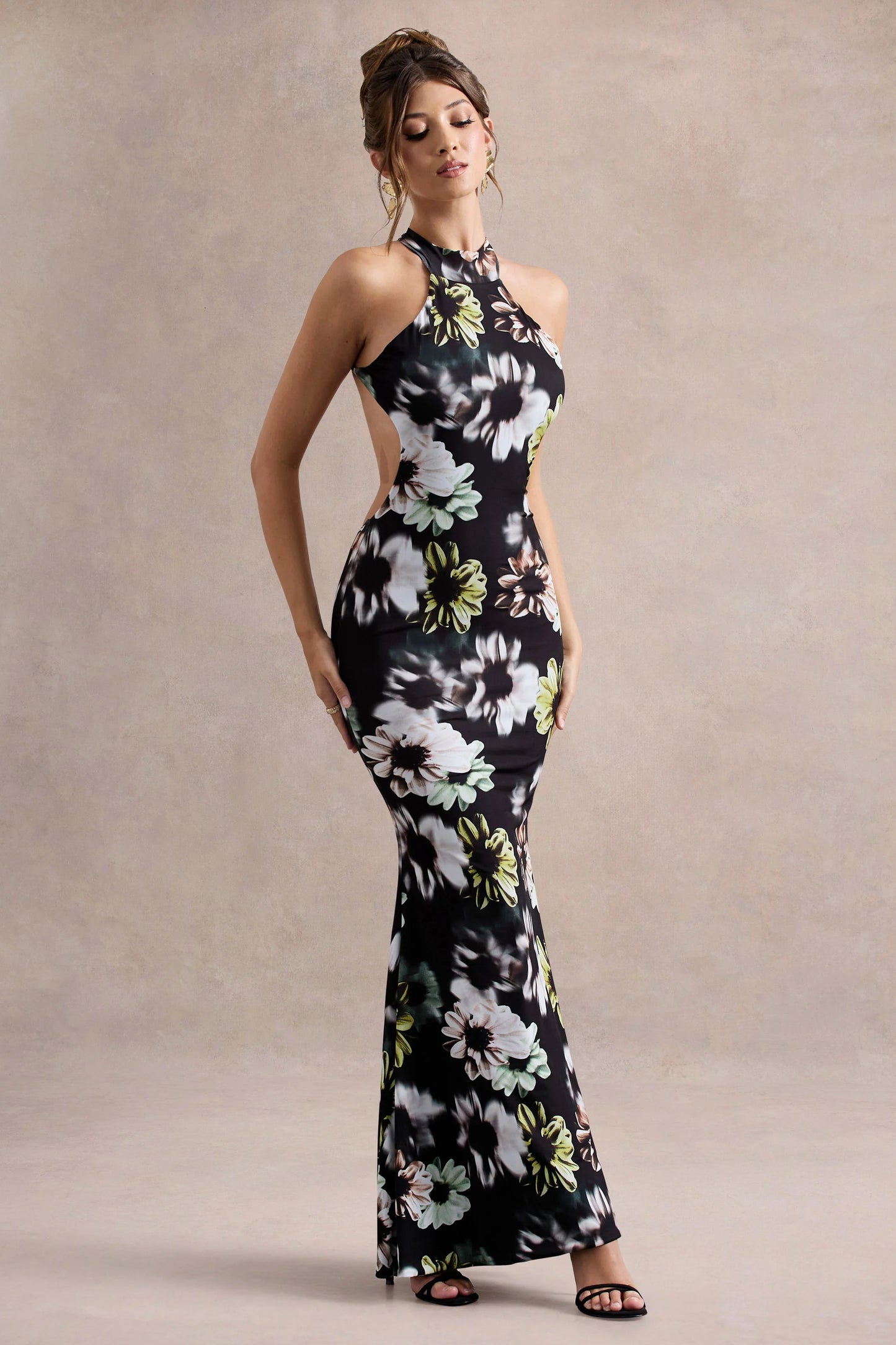 Tuscany Black Floral Print Halter-Neck Split Maxi Dress
