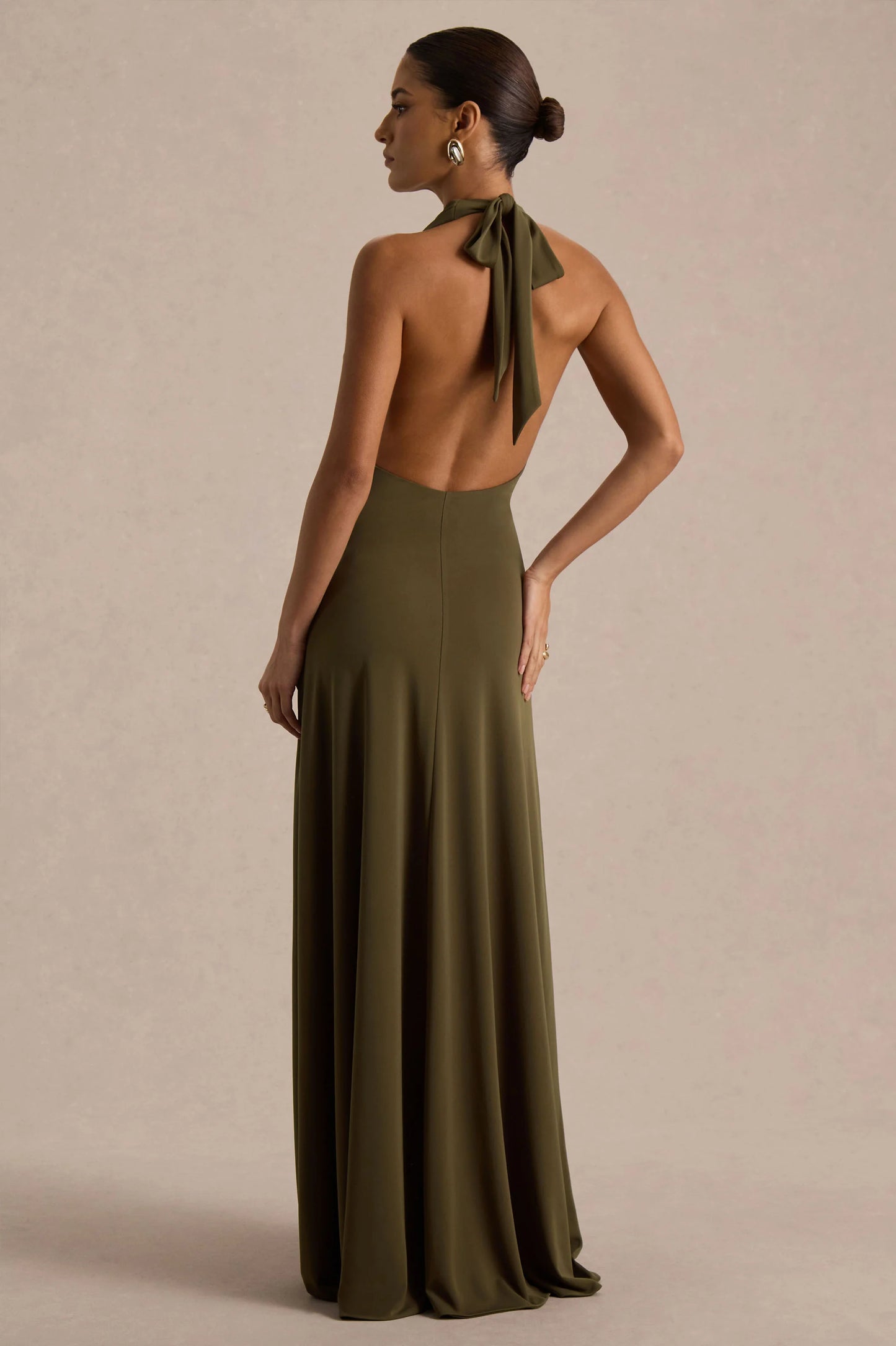 Mist Olive Plunge-Neck Maxi Dress With Knot-Detail And Open-Back