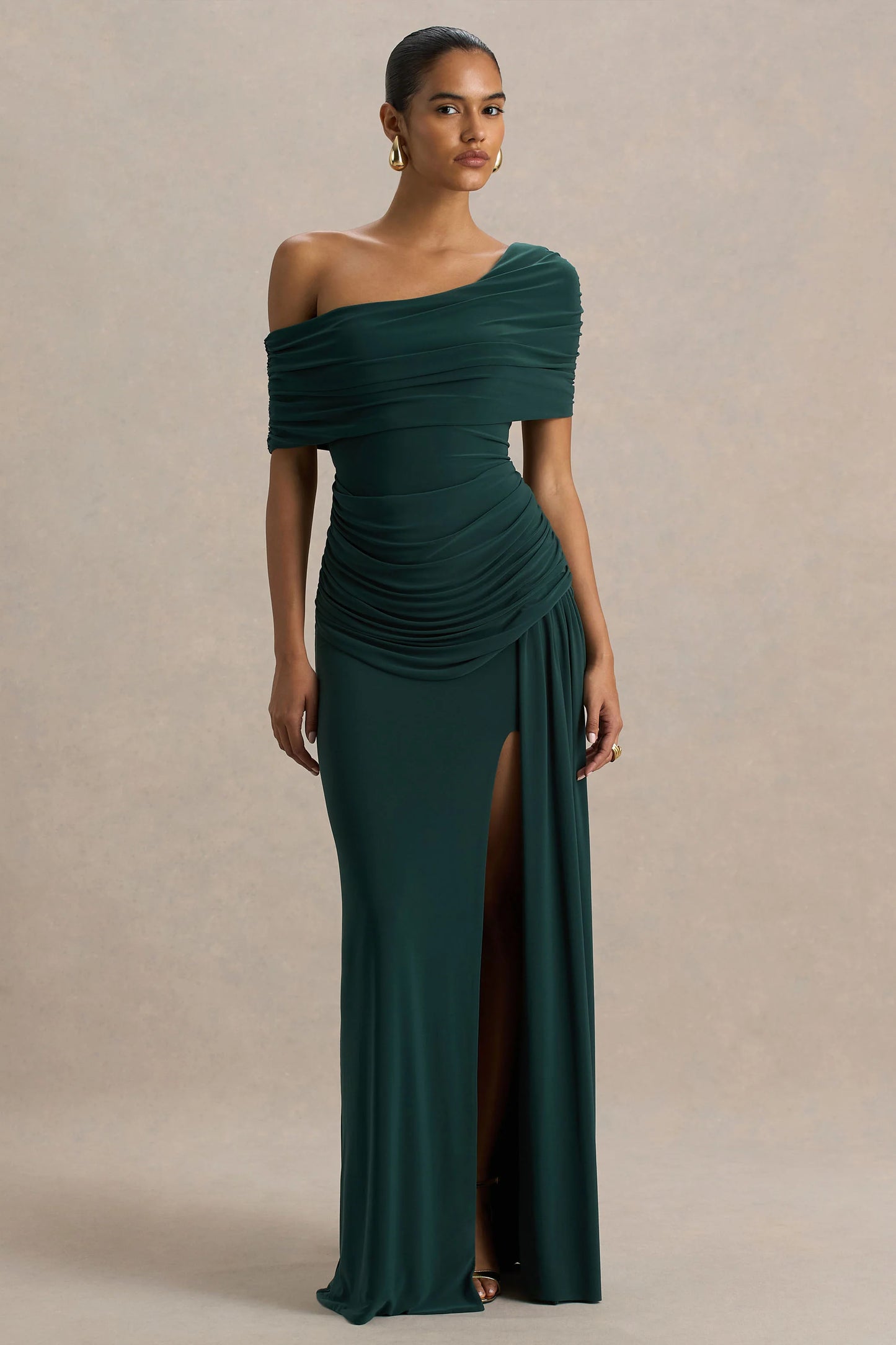 Dynasty Dark Green Asymmetric-Neck Maxi Dress With Ruched Detailing And Front High-Split