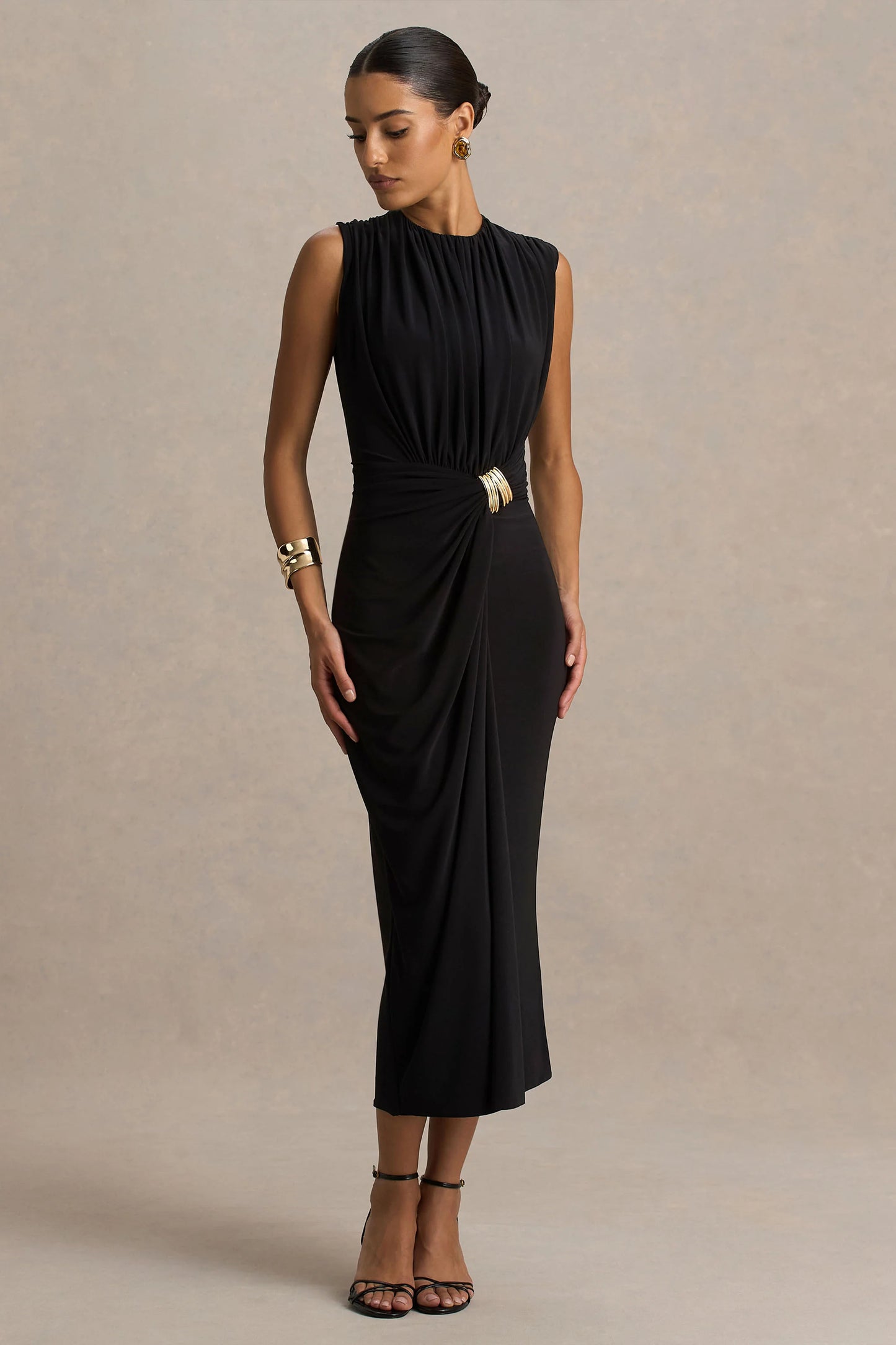 Harlow Black Crew-Neck Wrapped Midi Dress