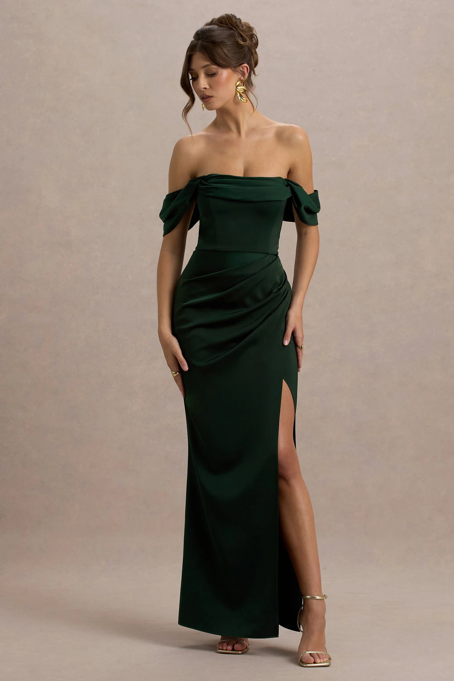 Annie Bottle Green Satin Bardot Maxi Dress With Split Wrap Skirt