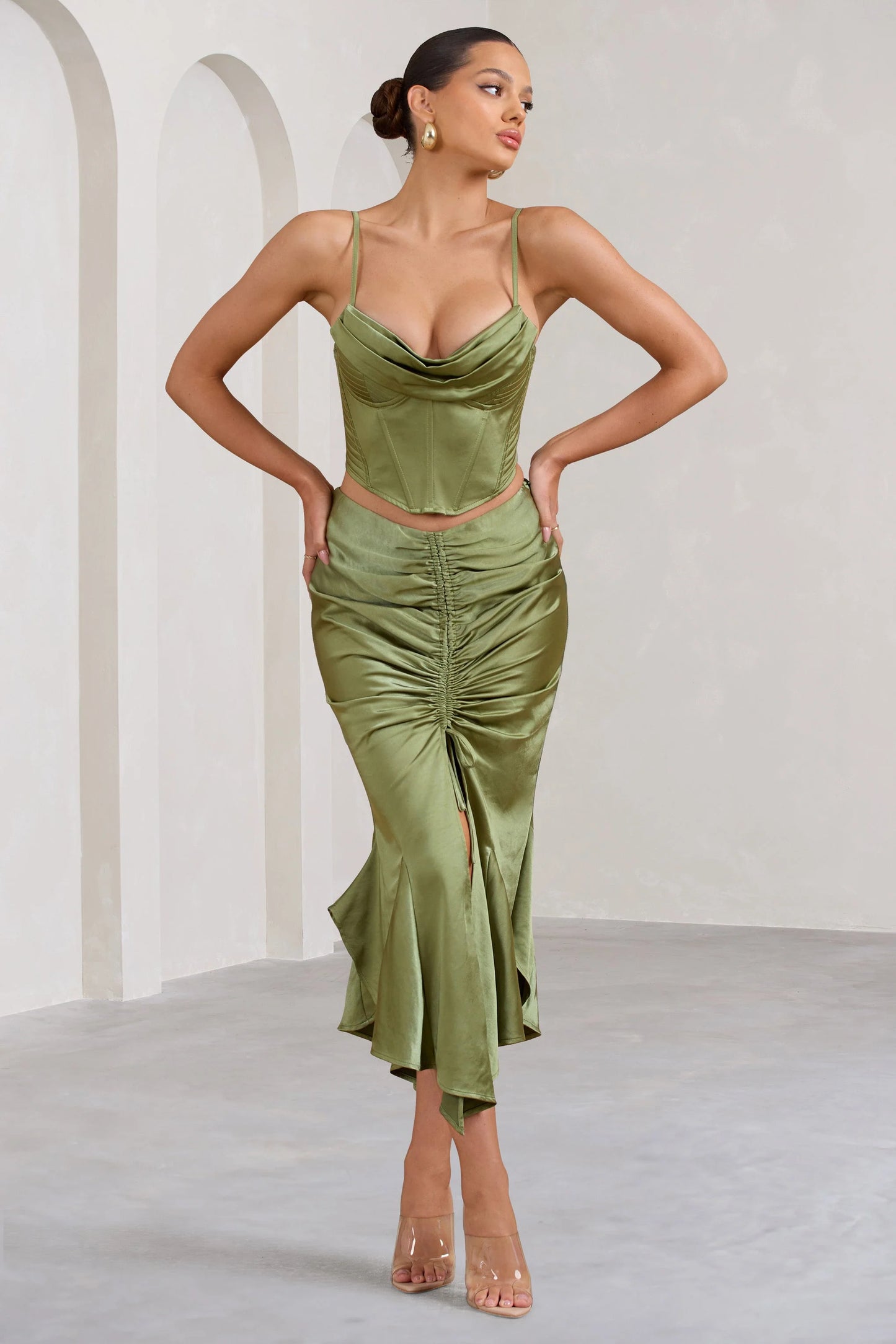 Per Favore Olive Satin Ruched Split Maxi Skirt