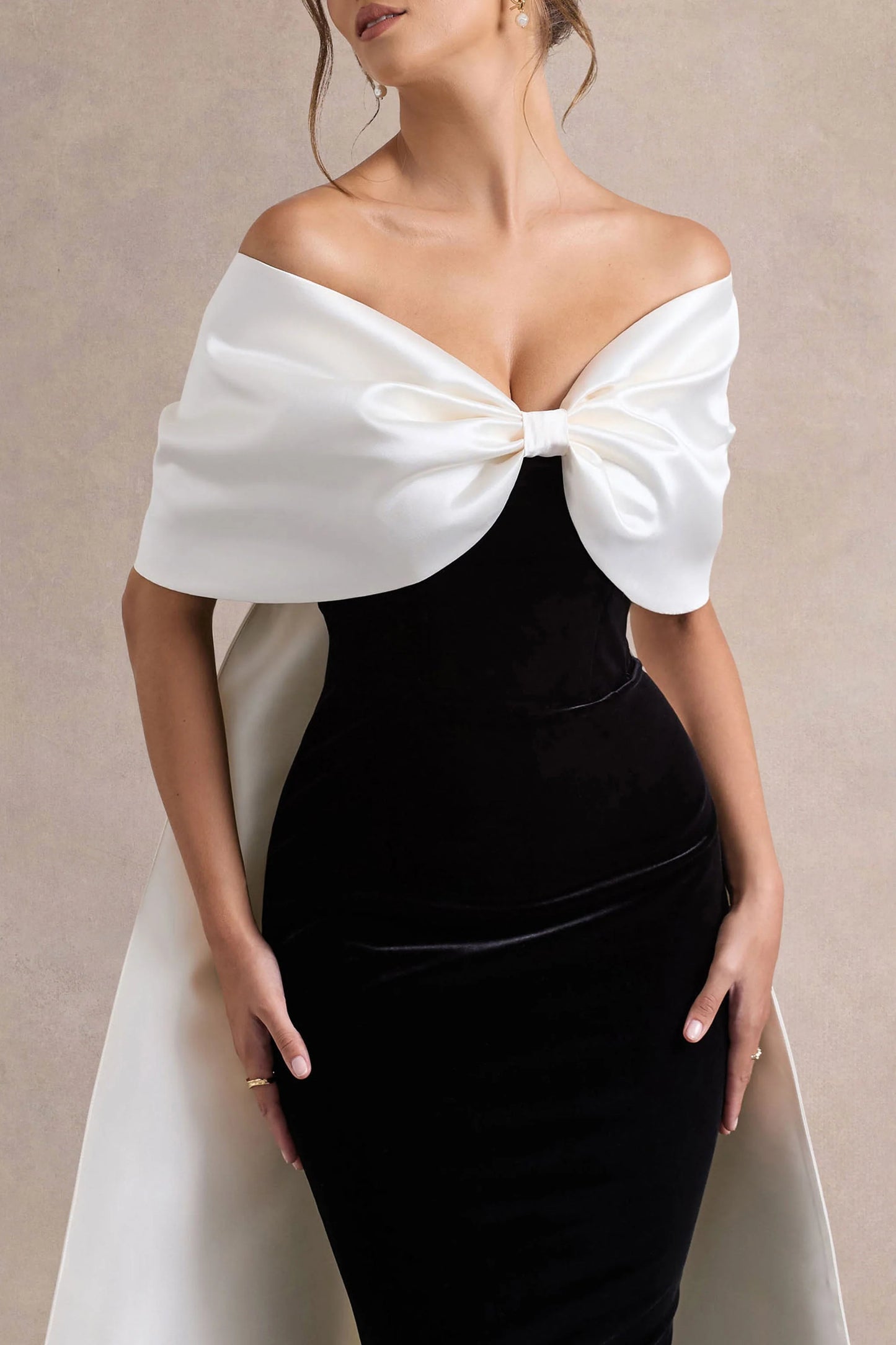 Wanting More Black & White Satin Cape Maxi Dress With Oversized Bow