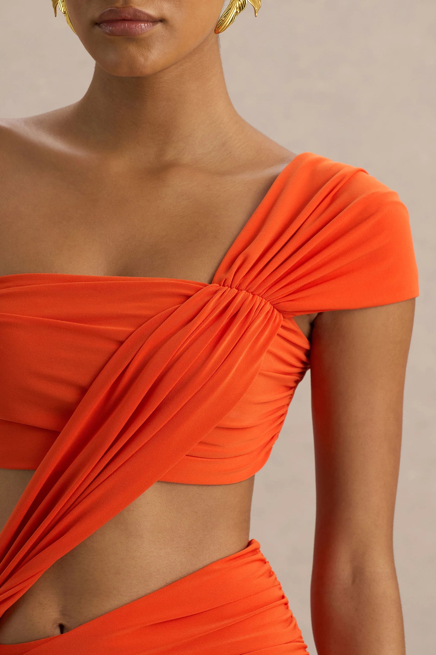 Cadiz Orange Asymmetric Maxi Dress With Cut-Out Detail and Open-Back