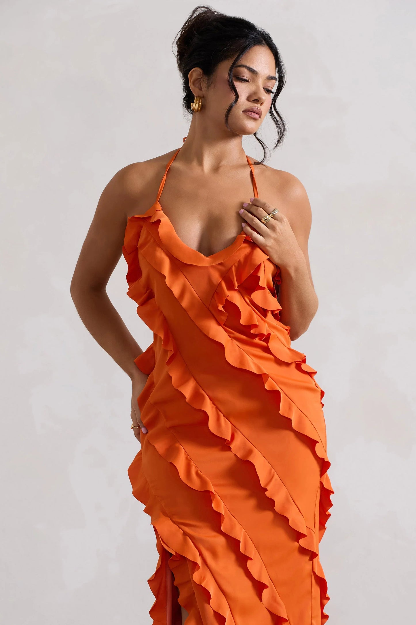 Full On Orange V-Neck Ruffle Maxi Dress