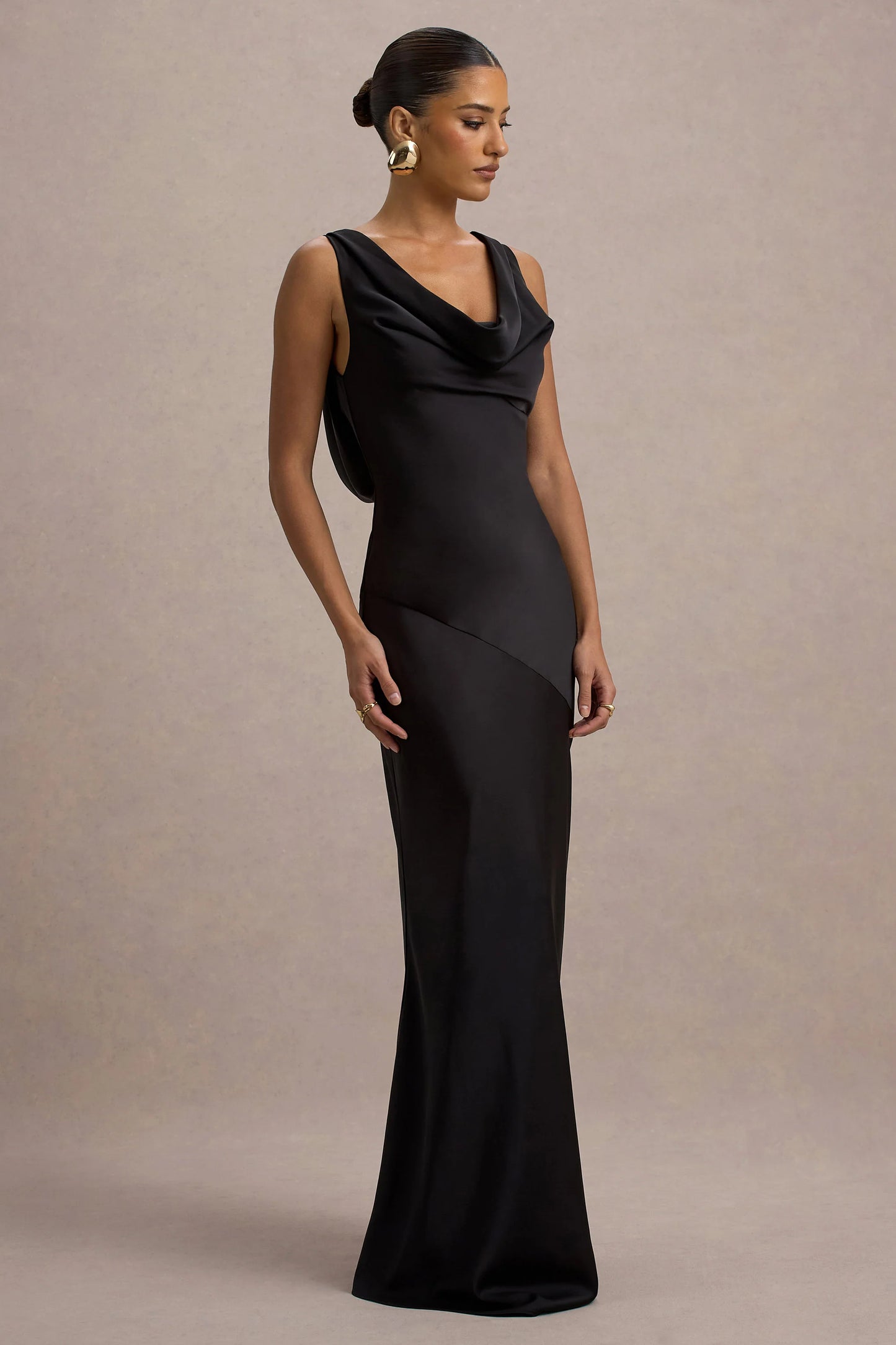 Alesso Black Satin Cowl-Neck Slip-Maxi Dress