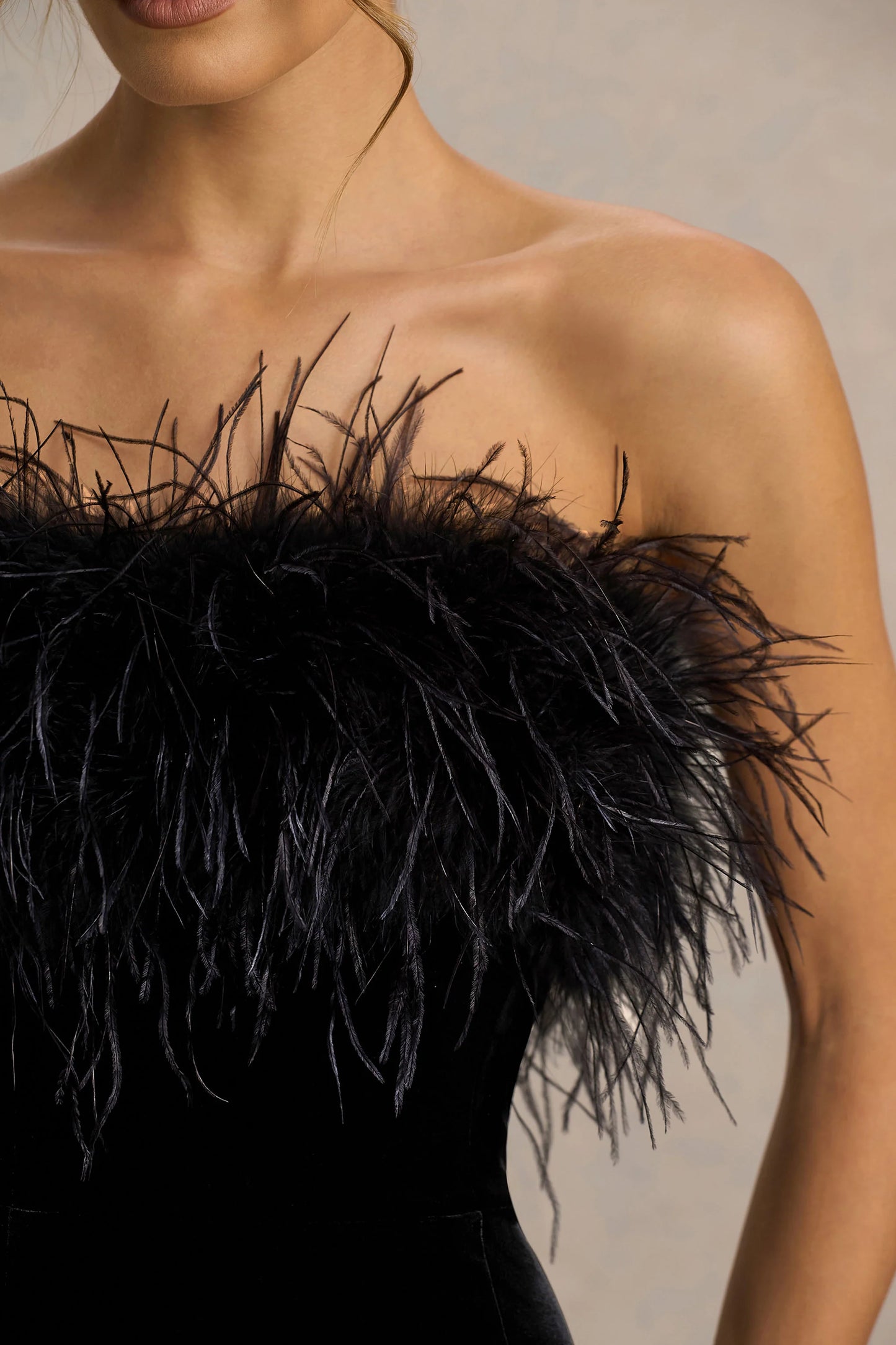 Arella Black Velvet Bandeau Maxi Dress With Feather Trim