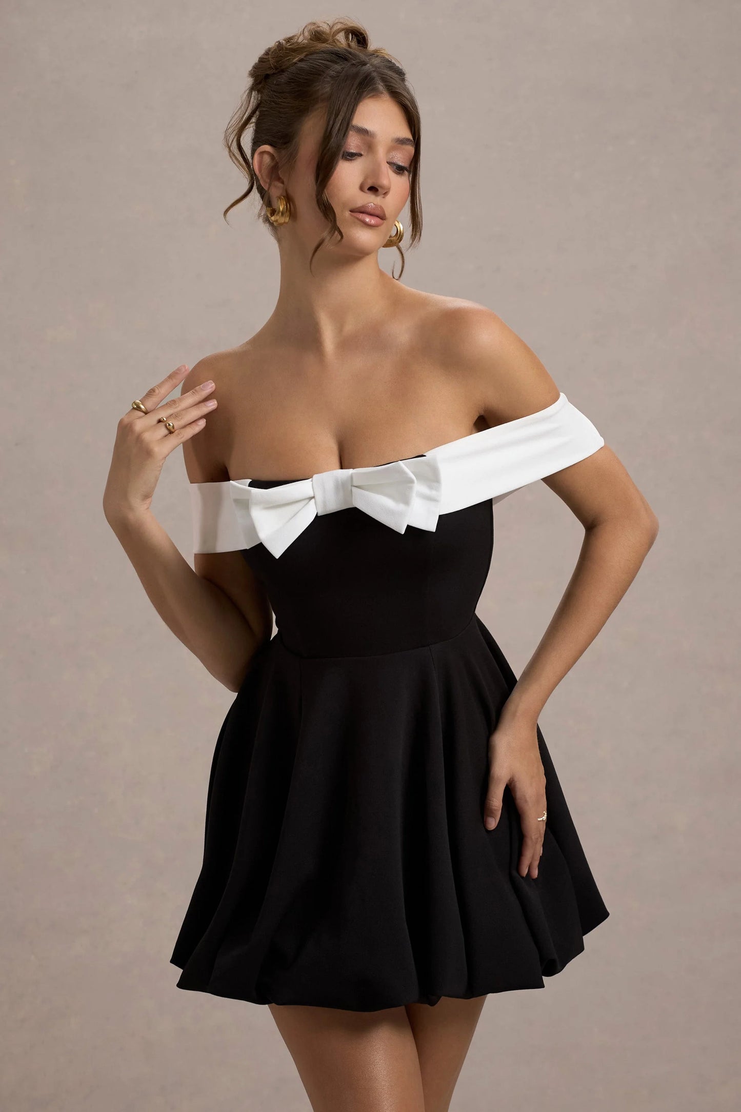 Minimoiselle Black & White Bow Bardot Mini Dress With Puff-Ball Skirt