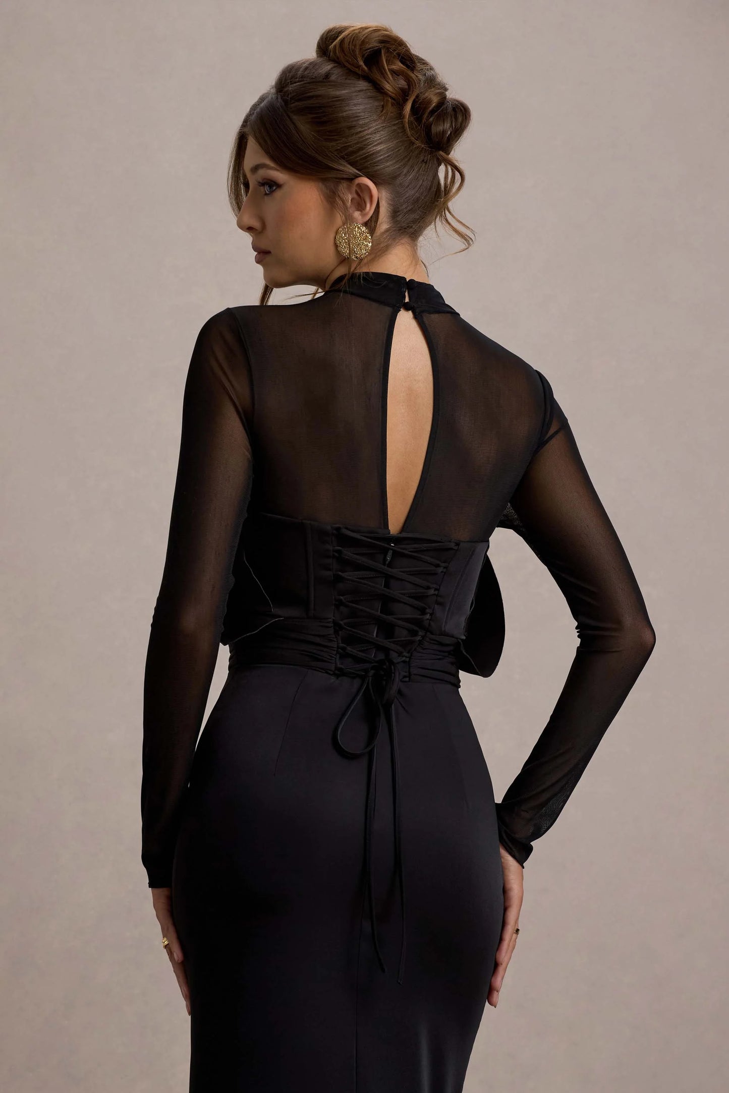 Alder Black Mesh Long-Sleeve Ruffled Split Maxi Dress