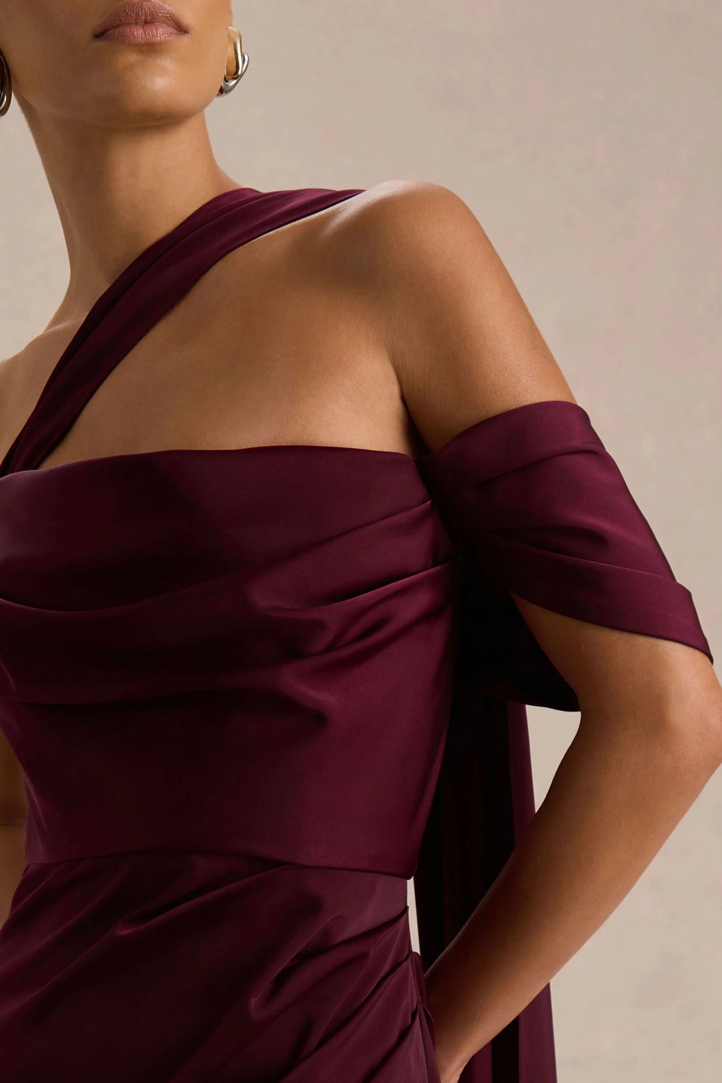 Yazmin Burgundy Satin Asymmetric Maxi Dress With One-Sleeve Cape