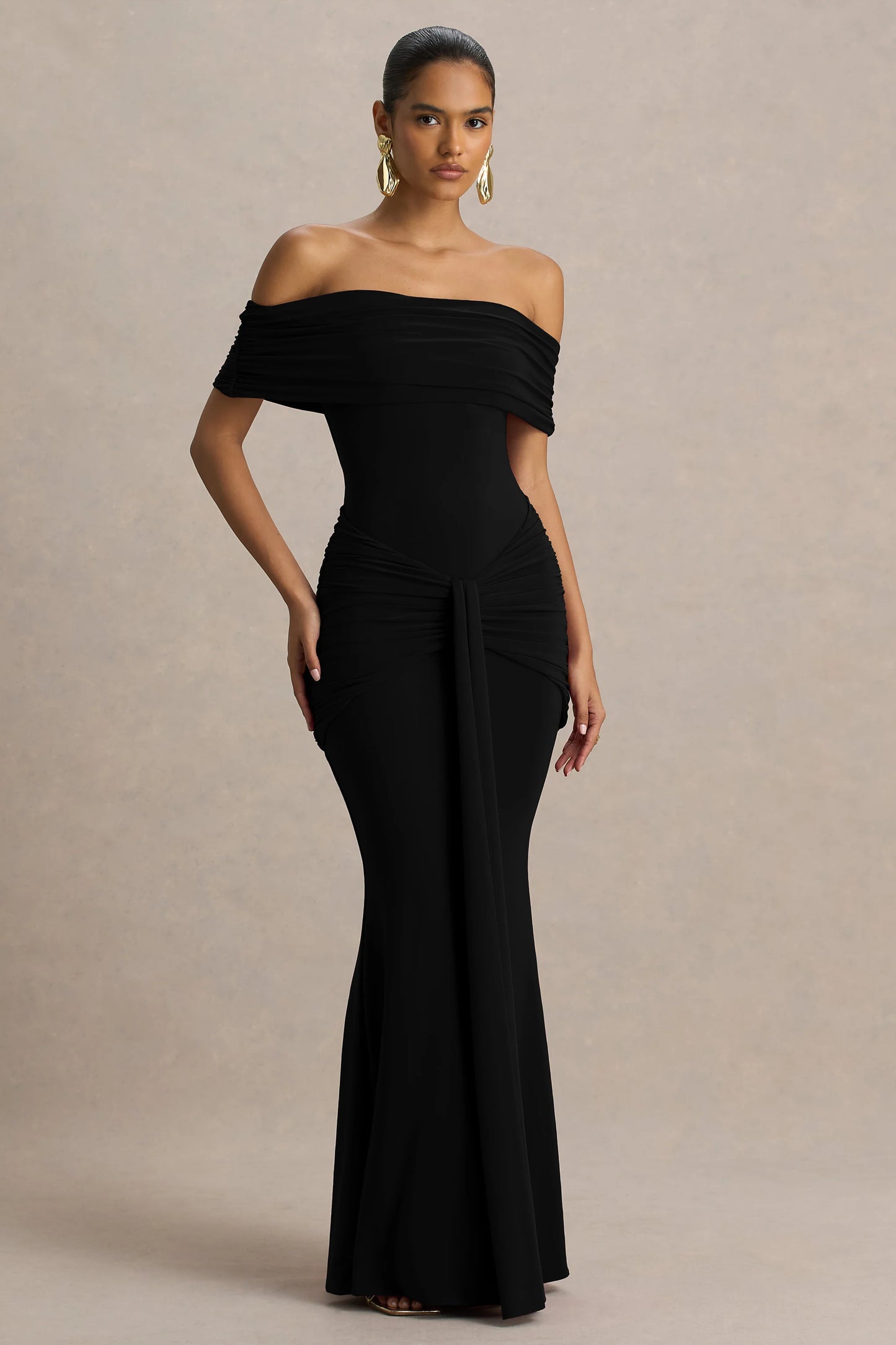Envisioned Black Bardot-Neck Maxi Dress With Gathered And Drape Detail