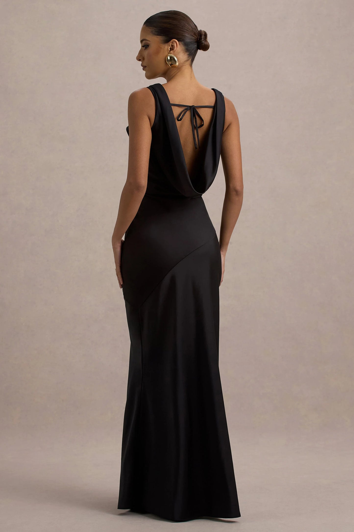 Alesso Black Satin Cowl-Neck Slip-Maxi Dress