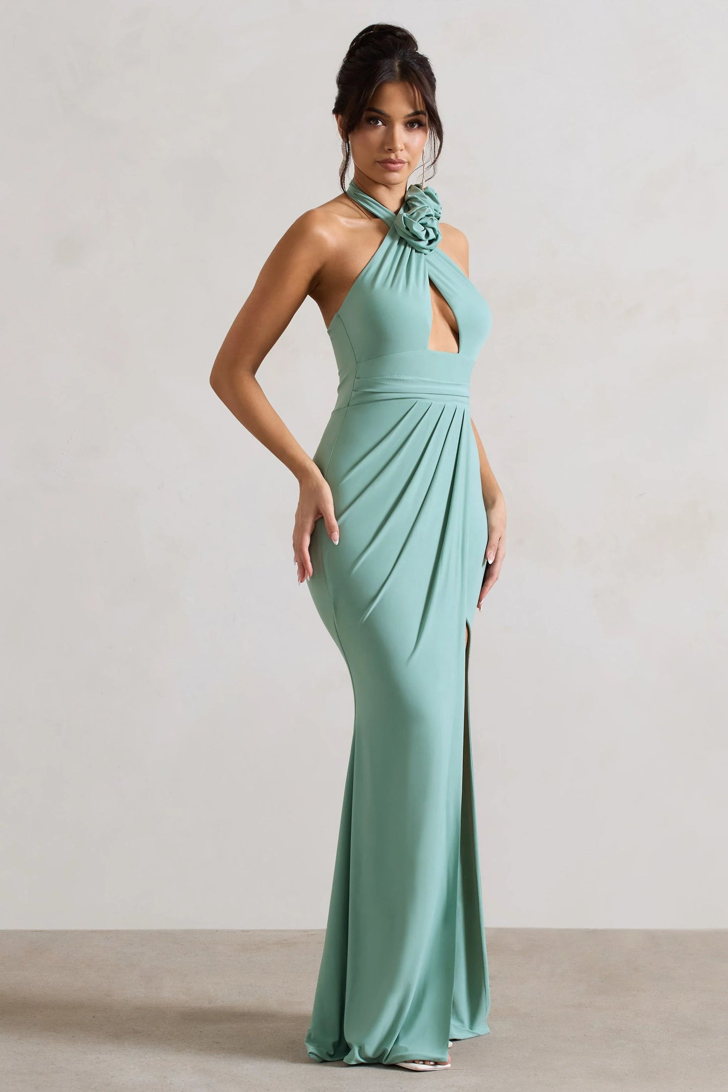 Kira Sage Halter-Neck Cut-Out Split Maxi Dress With Flowers