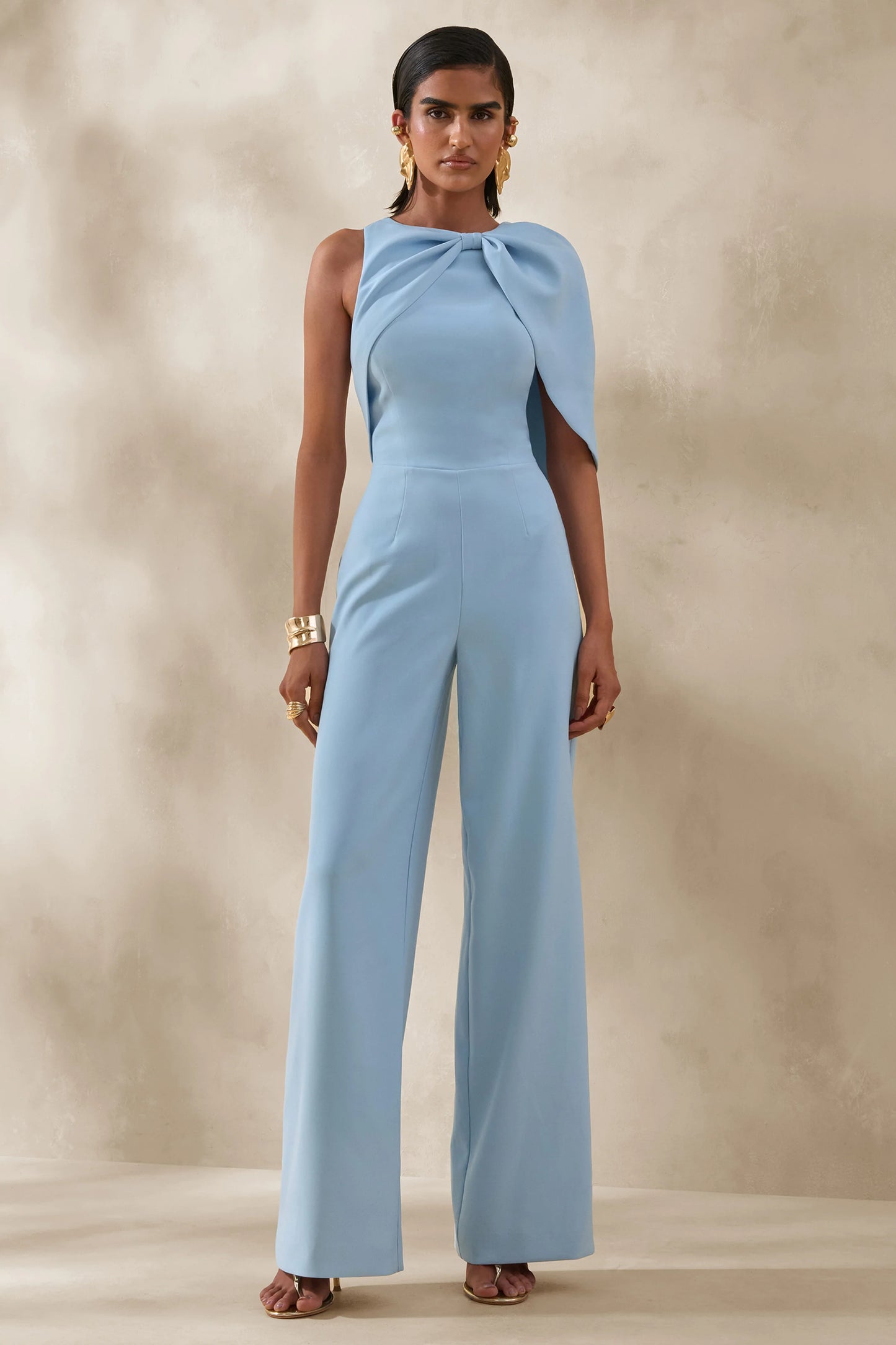 Quinley Powder Blue Asymmetric-Neck Jumpsuit With Cape-Sleeve