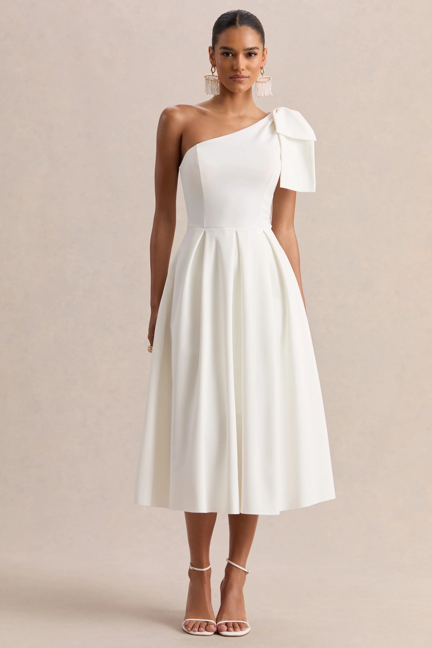 Meria White Asymmetric-Neck Midi Dress With Bow-Sleeve