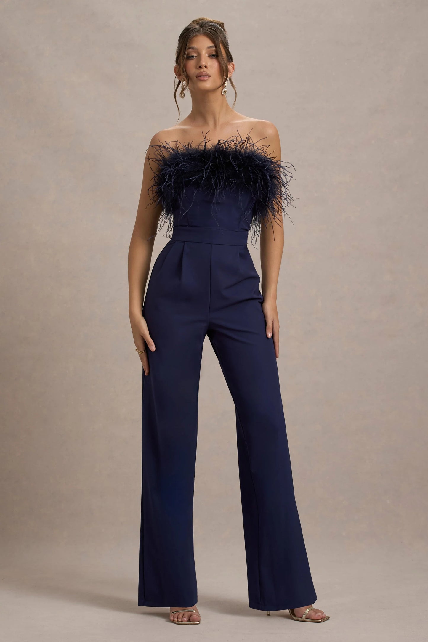 First Class Navy Bandeau Feather Wide Leg Jumpsuit