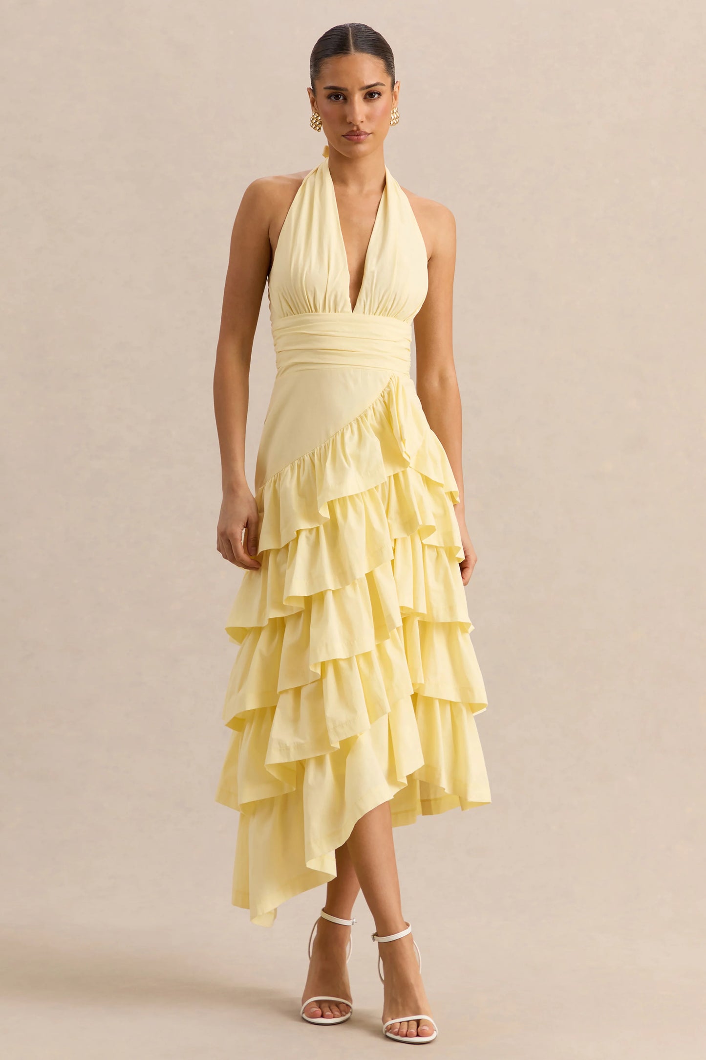 Velora Lemon Asymmetric Midi Dress With Tiered-Ruffled Skirt