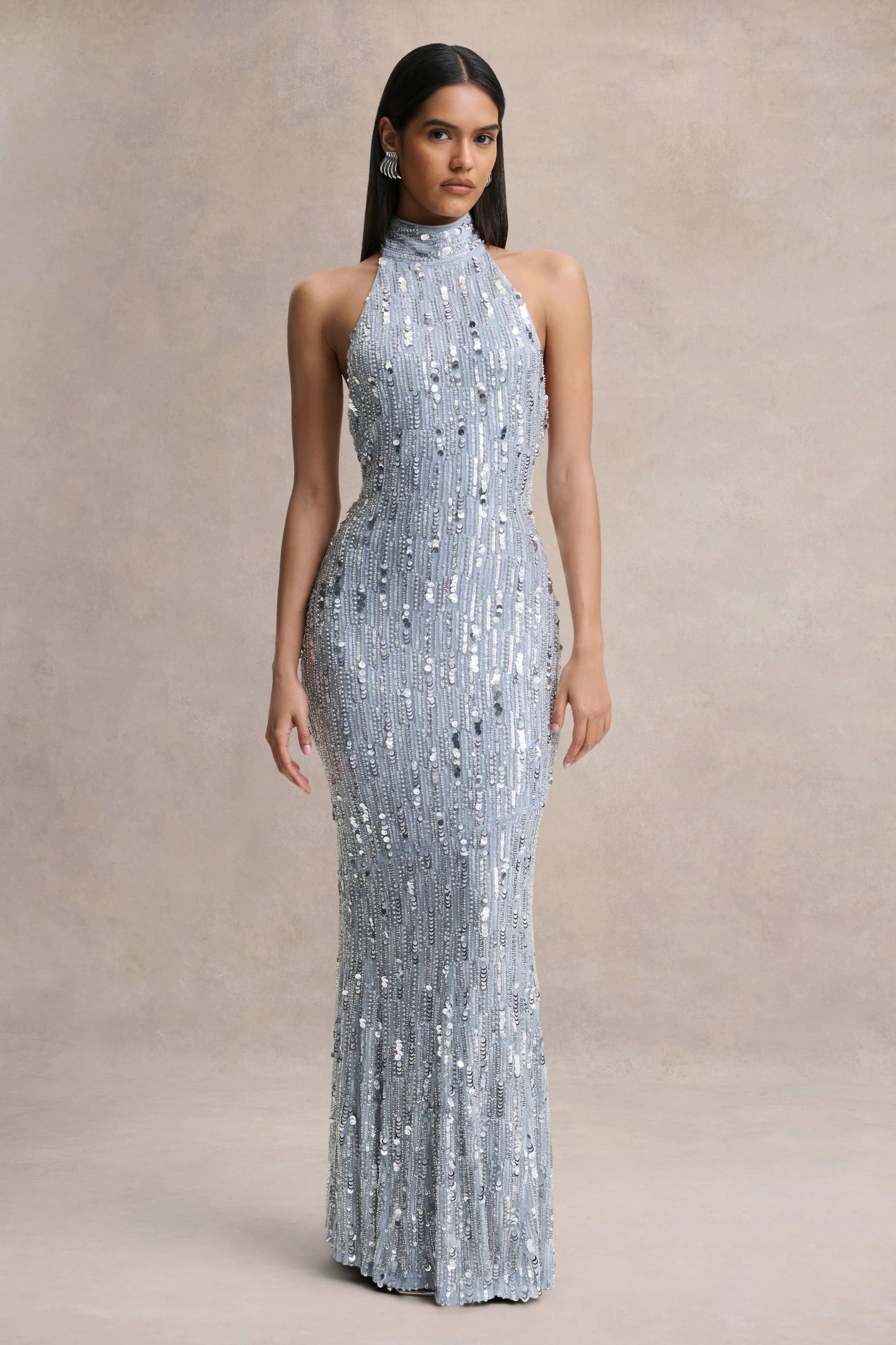 Zaira Silver Sequin High-Neck Maxi Dress With Open-Back