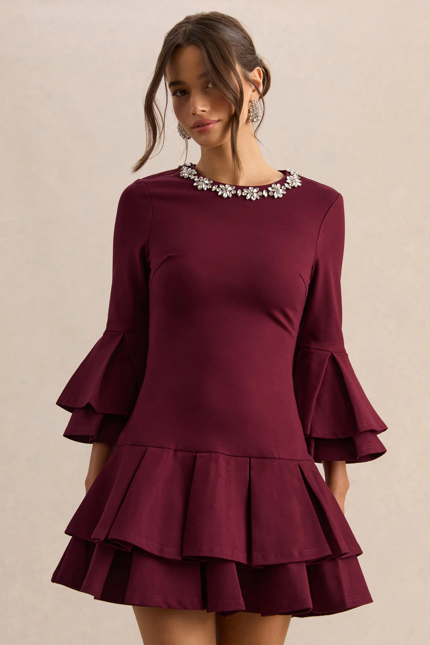 Mirna Burgundy Crew-Neck Mini Dress With Bell Sleeves And Ruffled Detailing