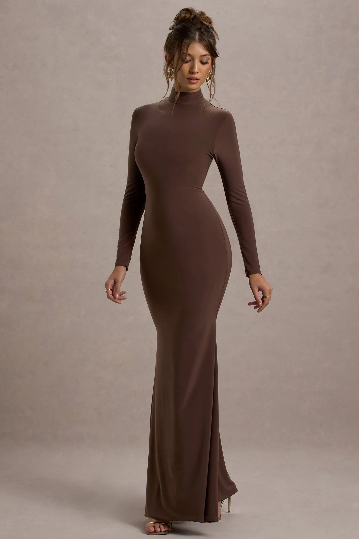 Tova Chocolate High-Neck Long-Sleeve Maxi Dress