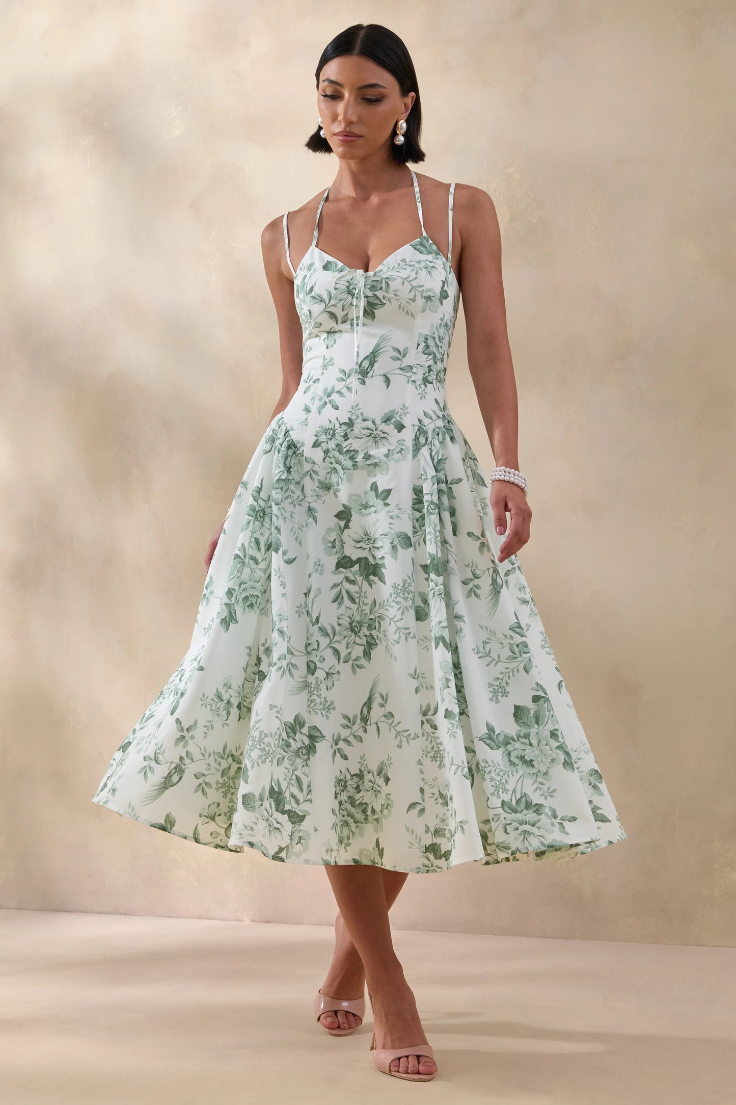 Audrey Green Floral Print Sweetheart-Neck Midi Dress With Ruching Detail