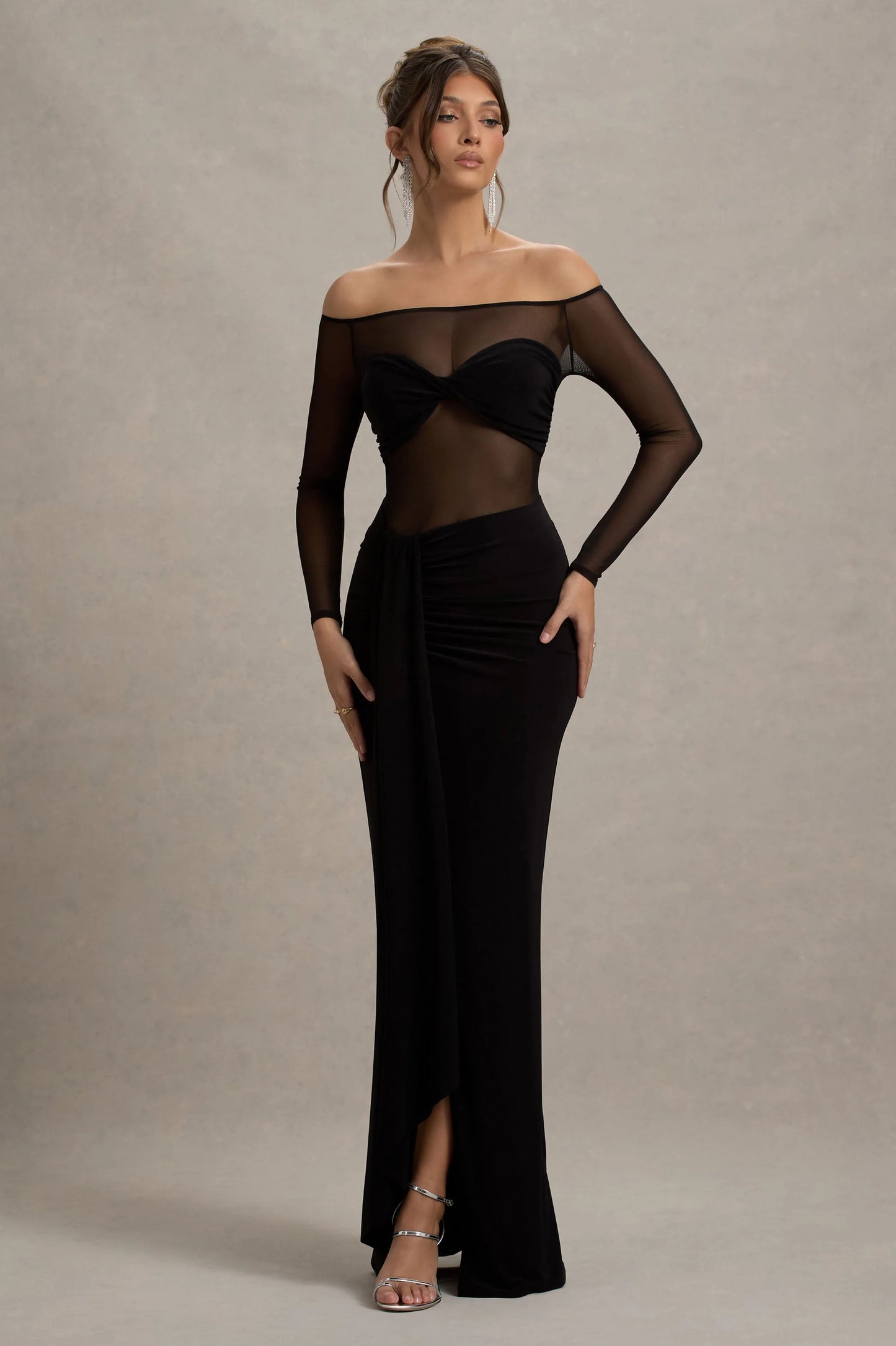 Cover Star Black Mesh Bardot Long-Sleeve Draped Maxi Dress