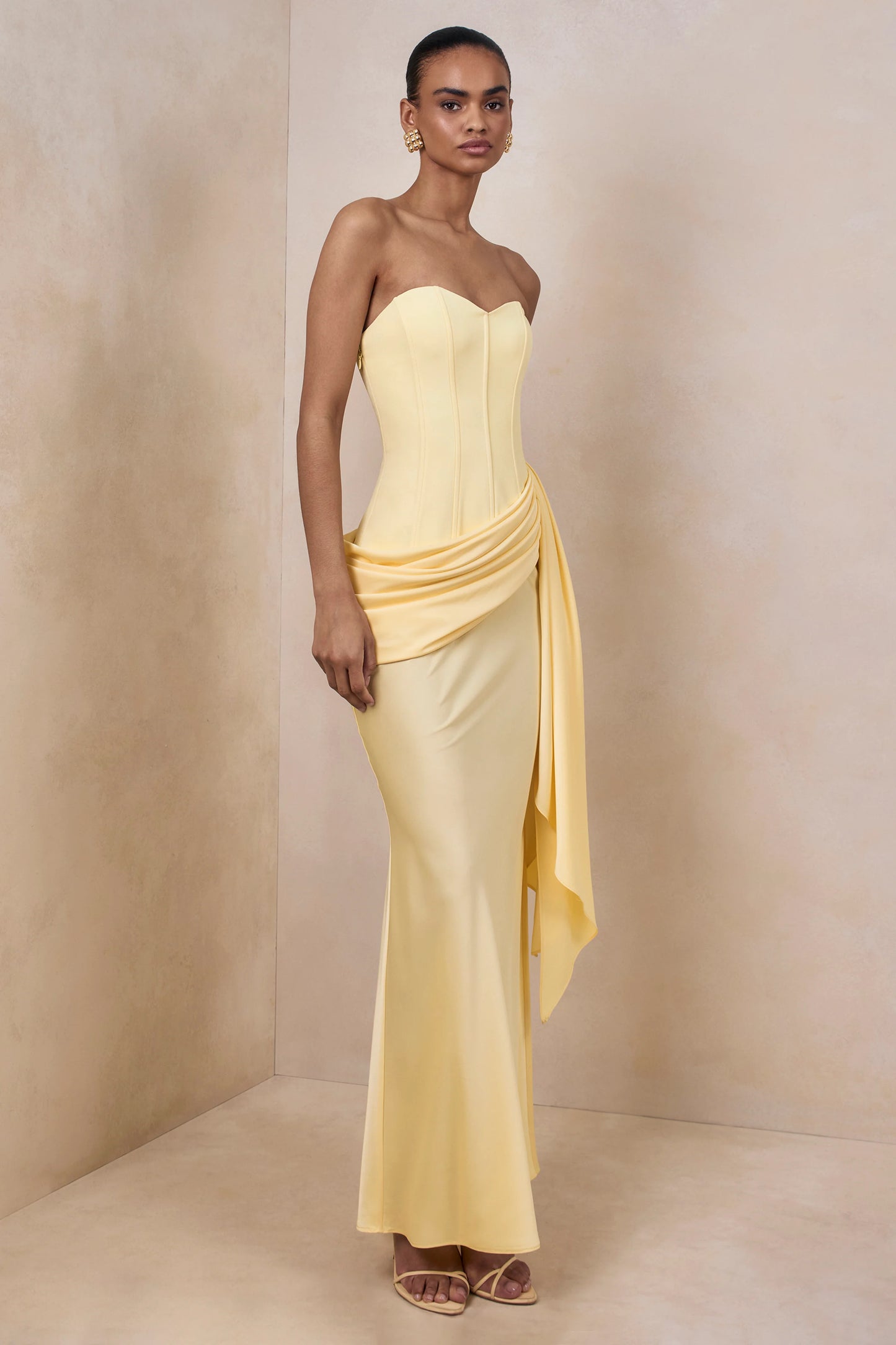 Nalira Lemon Satin Bandeau Maxi Dress With Draped Skirt