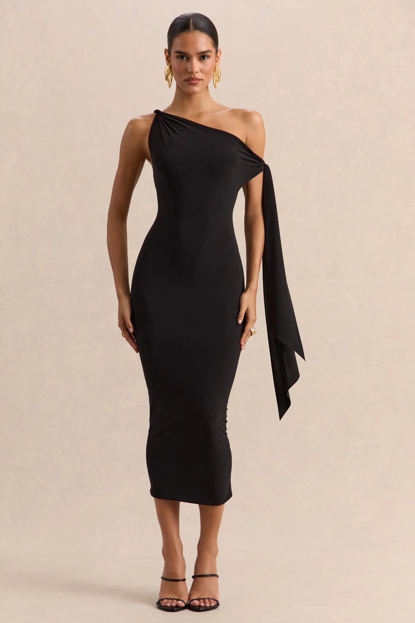 Arcelia Black Asymmetric-Neck Midi Dress With Knot-Sleeve Detail