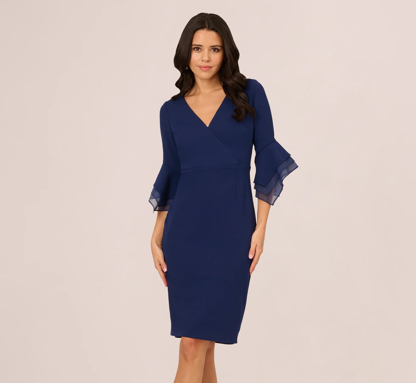 Three Quarter Bell Sleeve Sheath Midi Dress In Navy Sateen