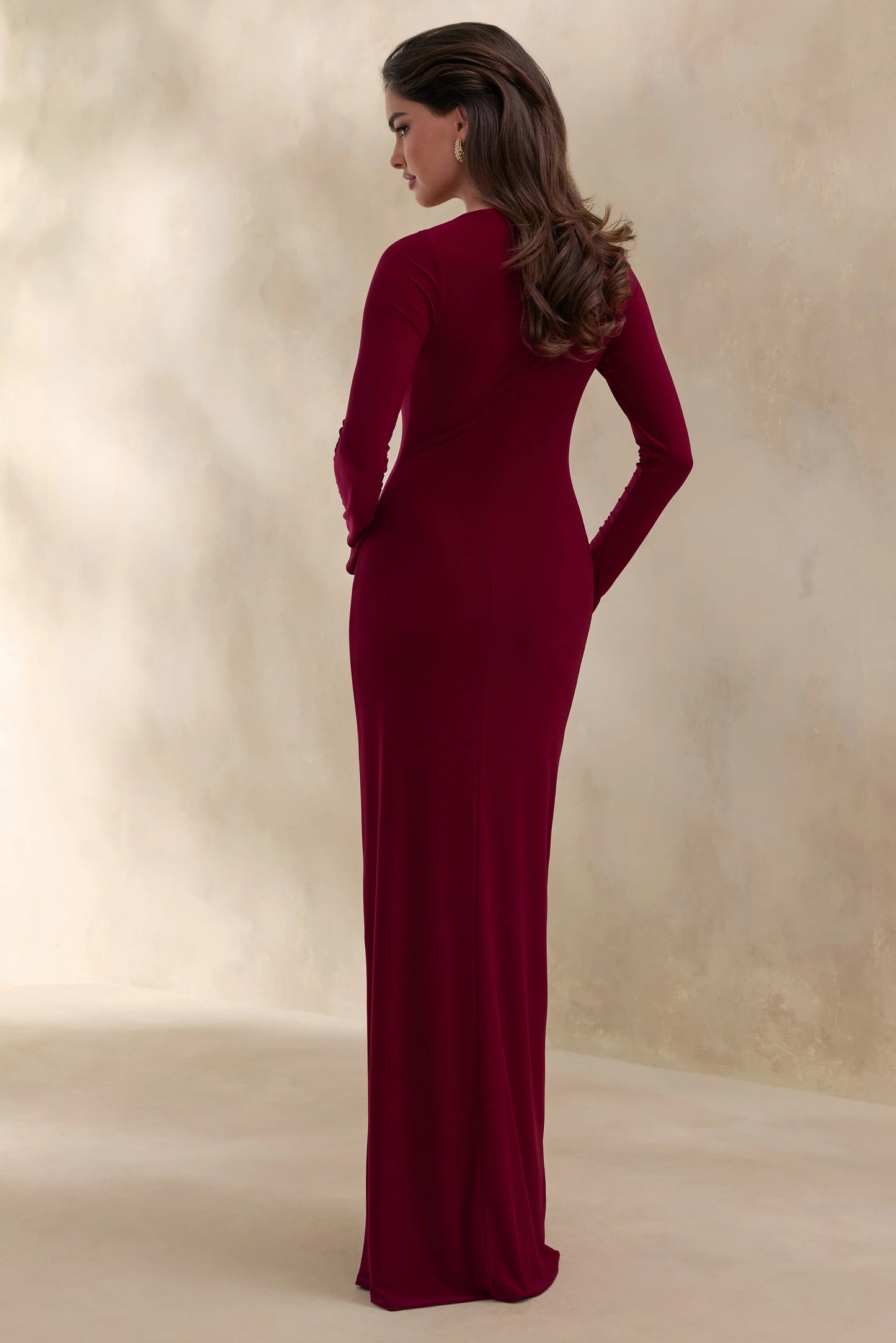 Karessa Berry High-Neck Maxi Dress With Gathered Detailing And Front-High Split