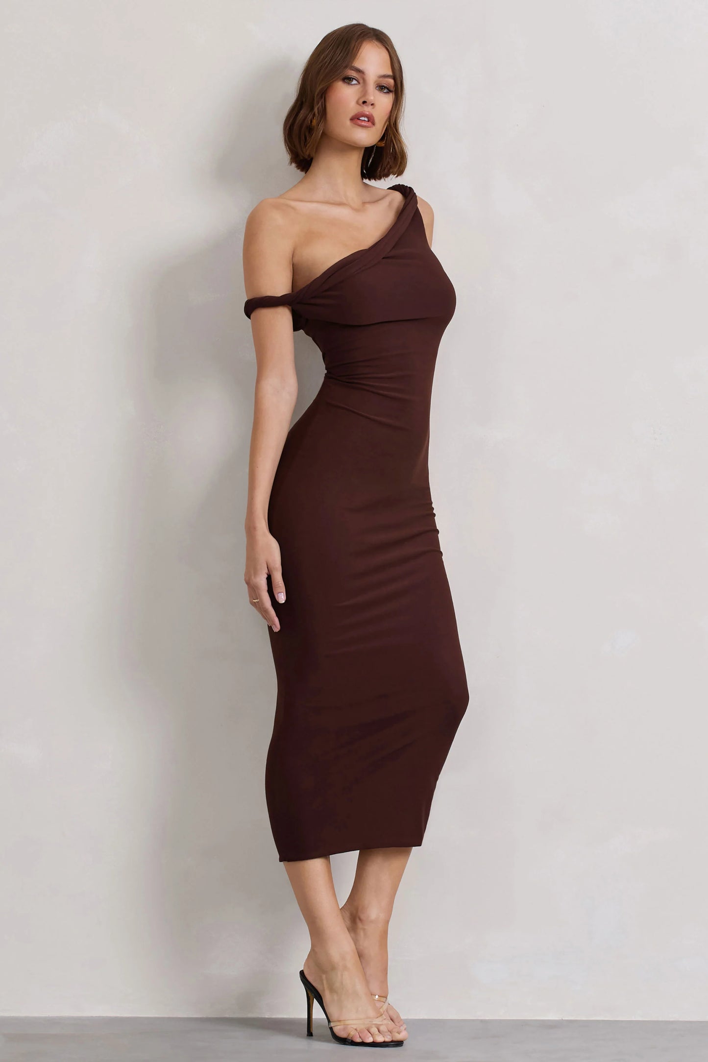 Salome Chocolate Brown Twisted Asymmetric Midi Dress