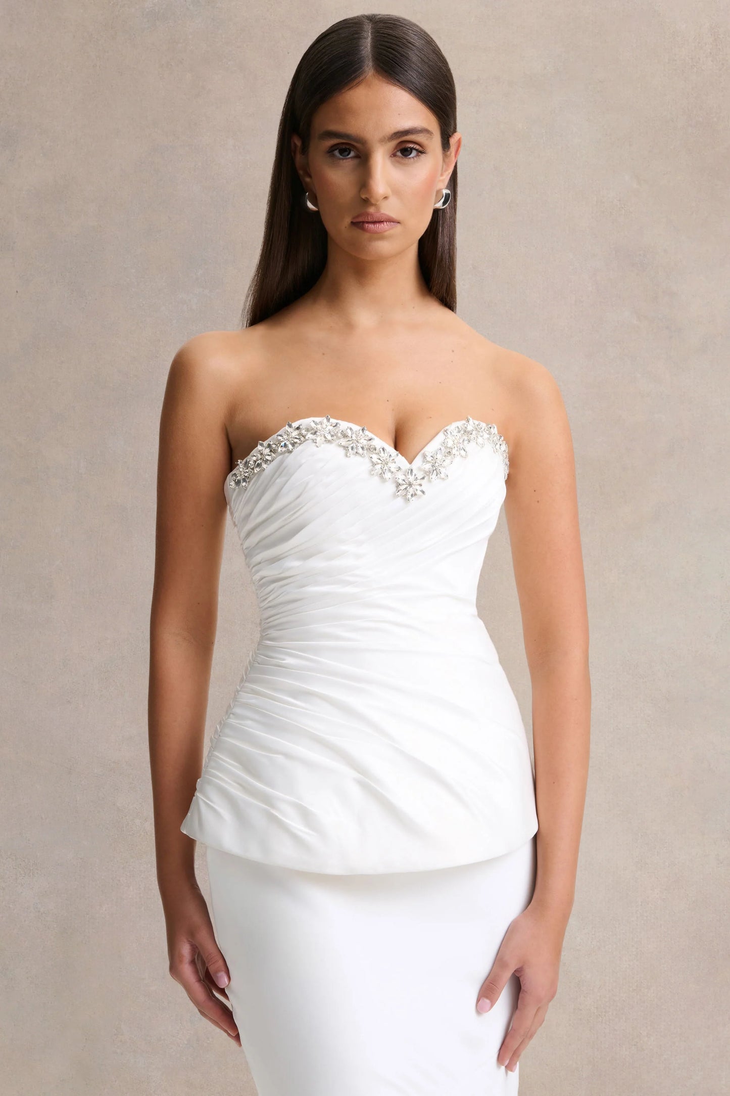 Ambria White Satin Hand-Embellished Sweetheart-Neck Corset Top