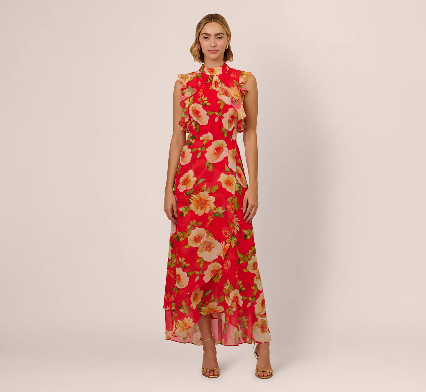Printed Chiffon Mock Neck Ankle Dress In Coral Multi