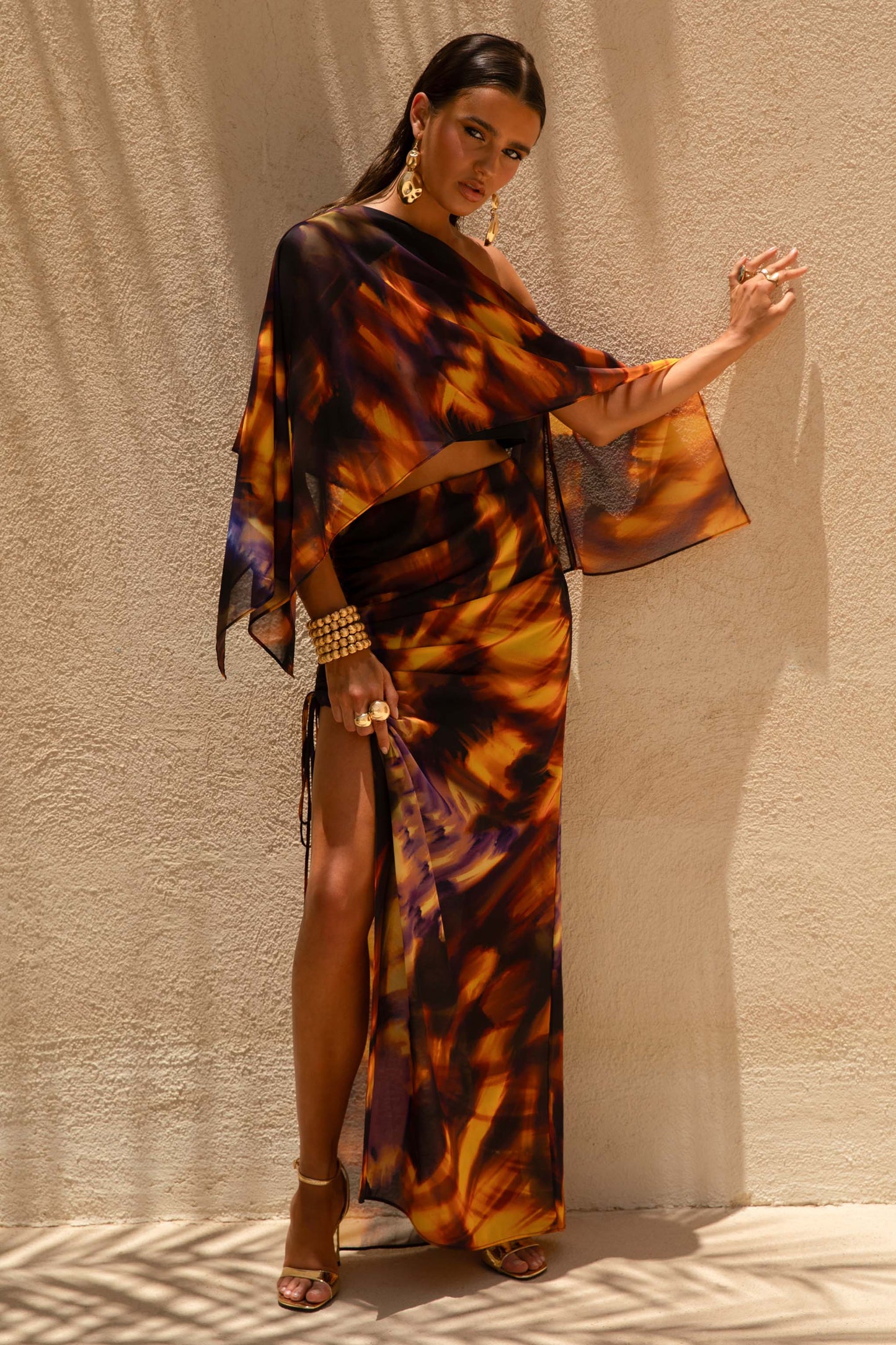 Nadine Smoke Print Asymmetric Maxi Skirt With Split