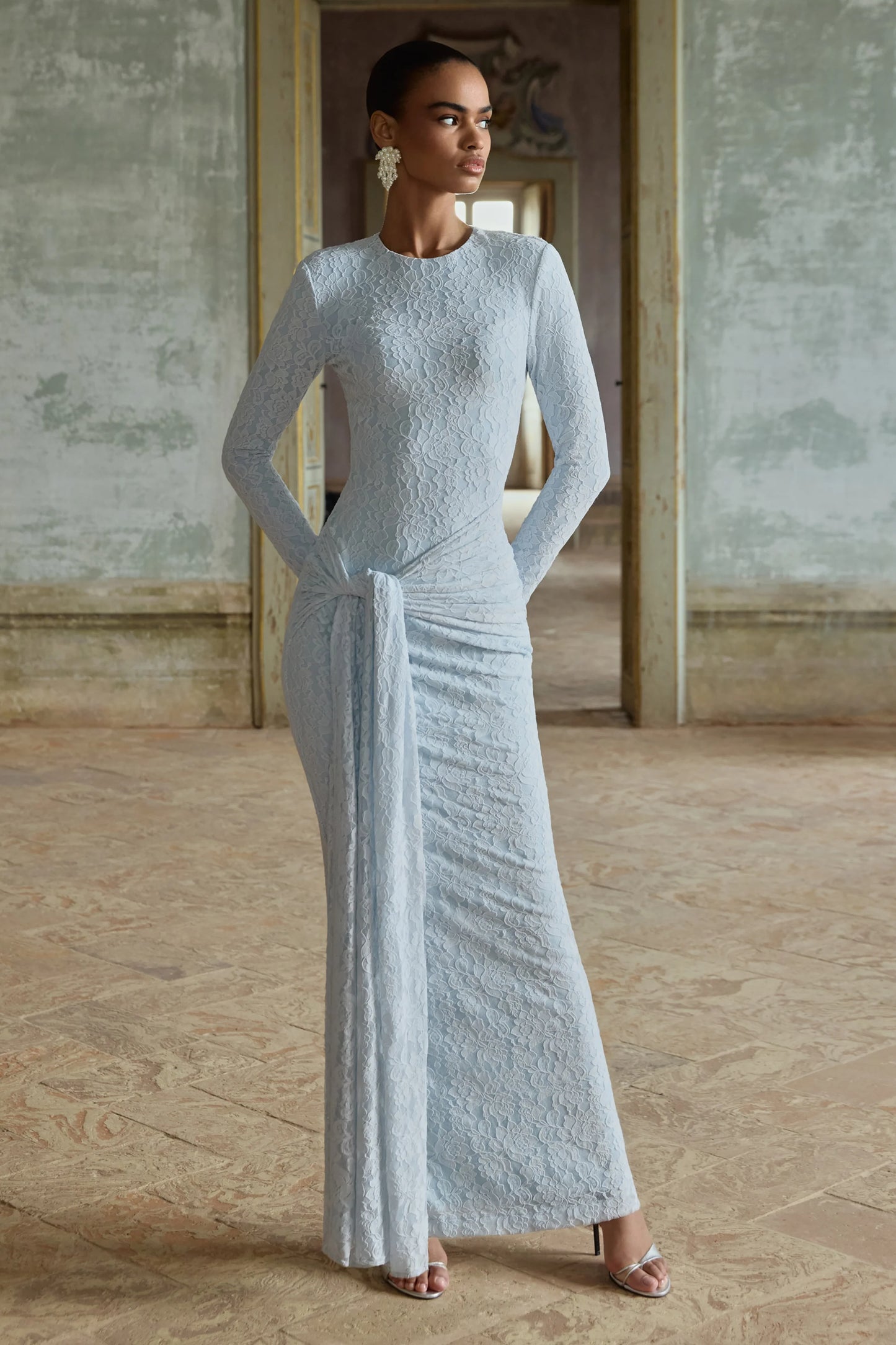 Evangela Powder Blue Lace Crew-Neck Maxi Dress With Wrap-Detail