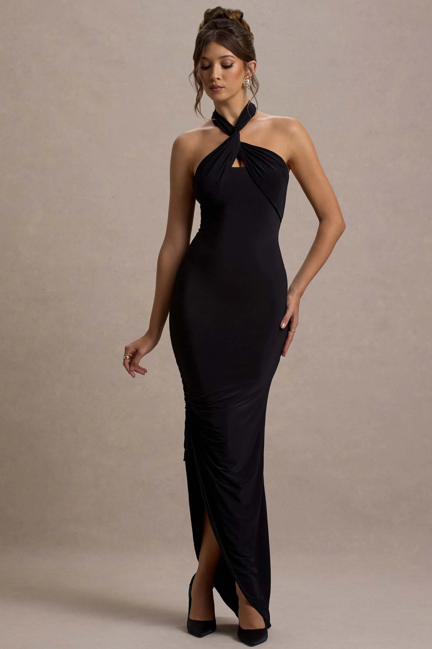 Jaiya Black Ruched Halter-Neck Asymmetric Maxi Dress