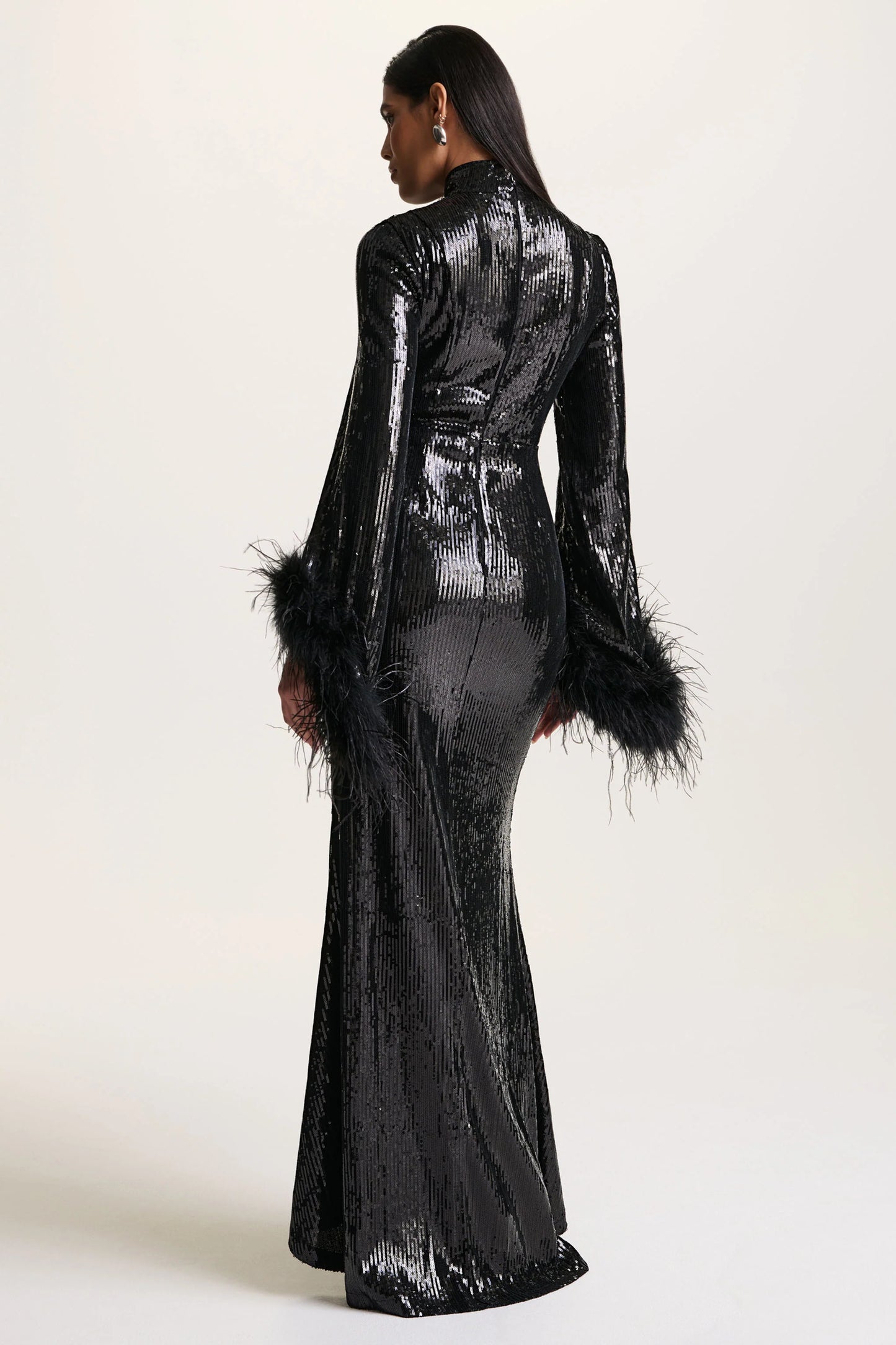 Cosmic Star Black Sequin High-Neck Maxi Dress With Feather Cuffs
