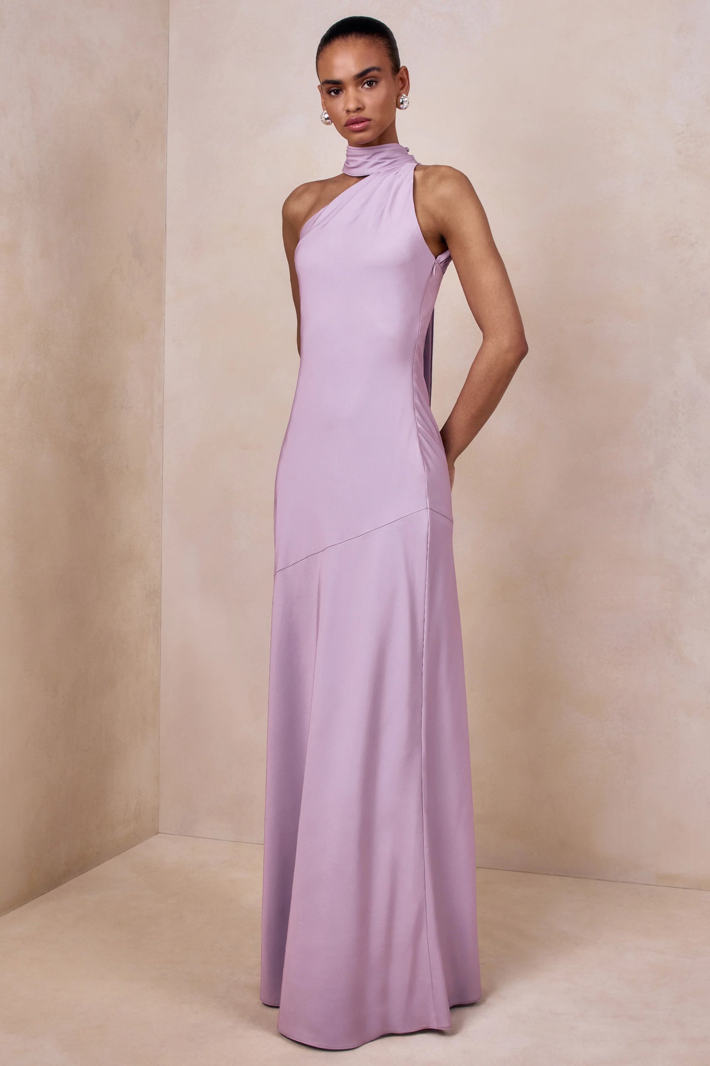 Cara Lilac Matte Satin High-Neck Maxi Dress