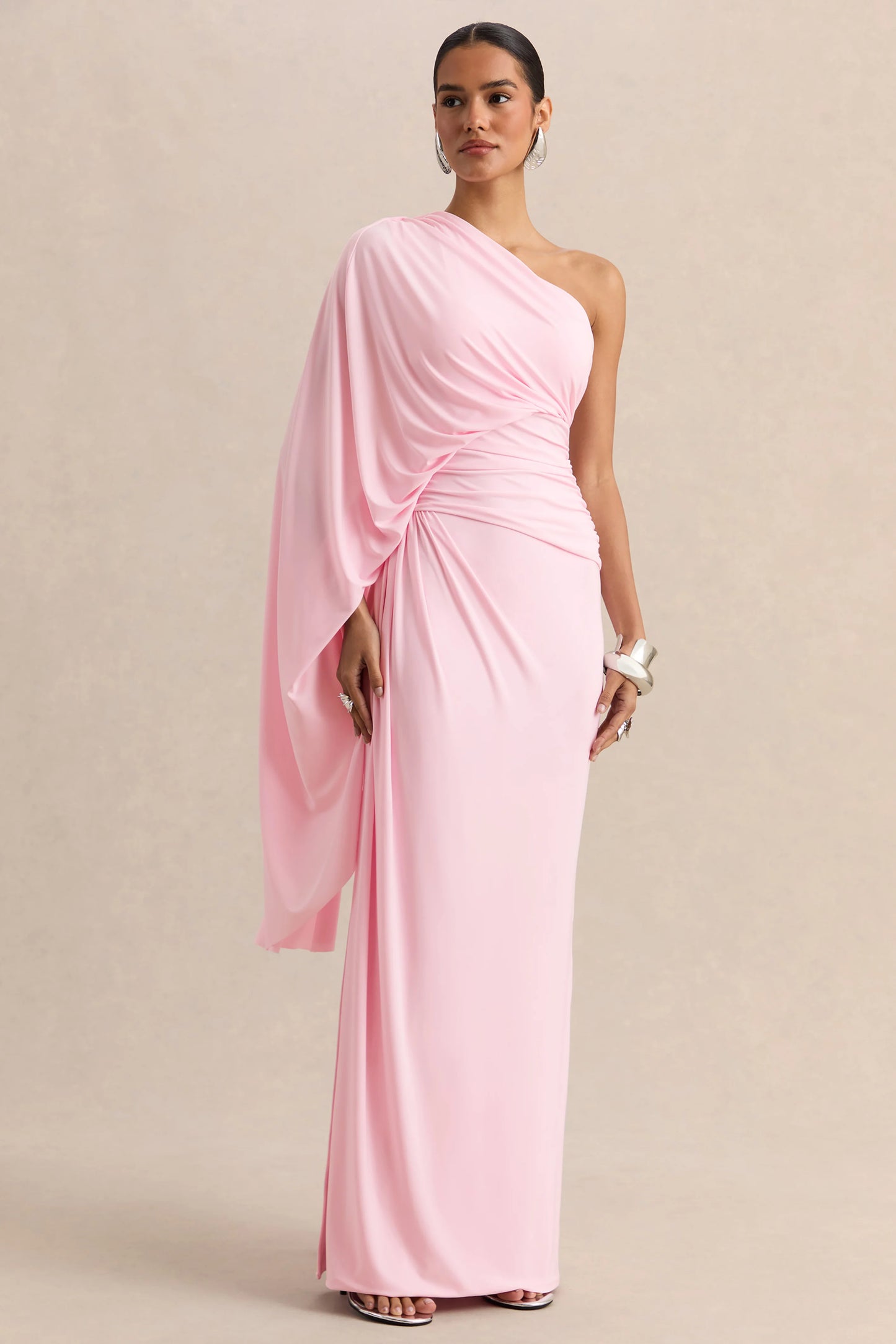 Sabella Pink Asymmetric-Neck Maxi Dress