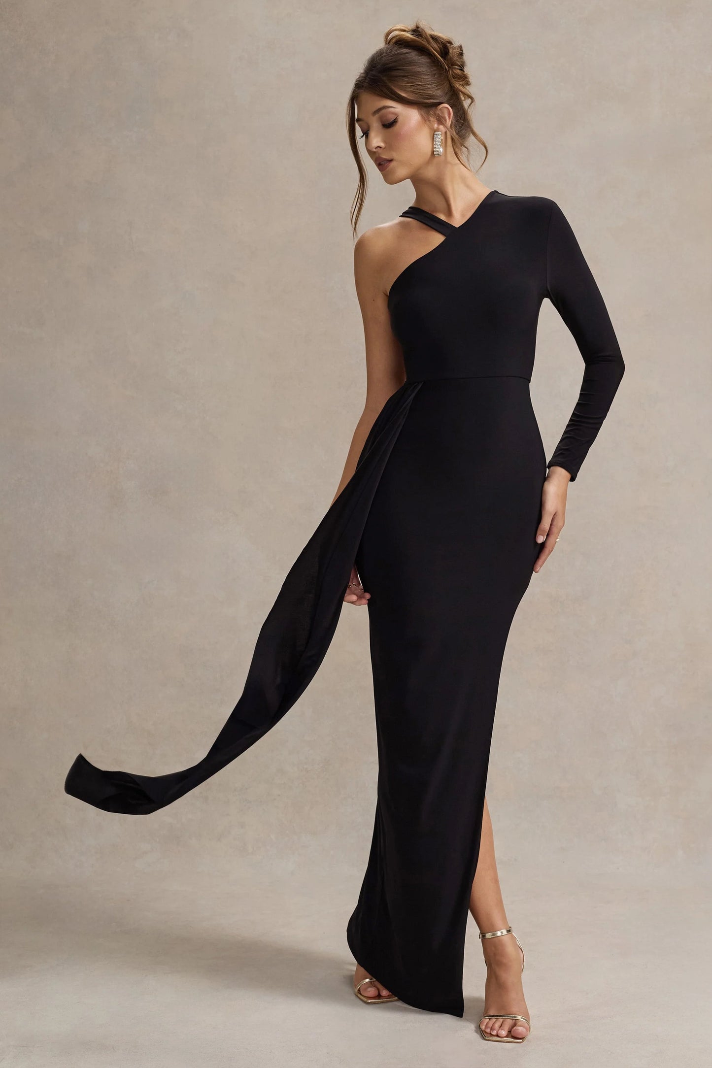 Zhuri Black Asymmetric One-Sleeve Draped Maxi Dress