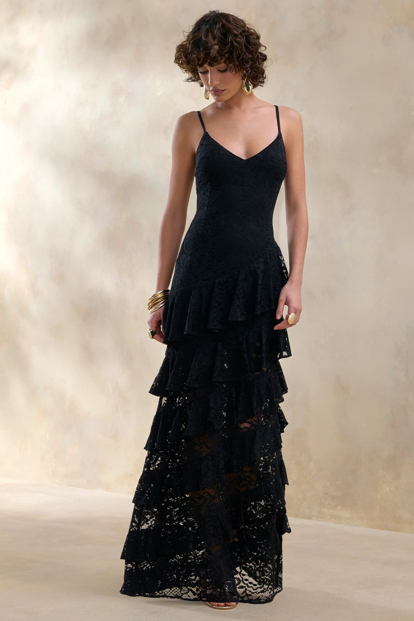 Avelisse Black Lace Plunge-Neck Maxi Dress With Ruffled Detailing