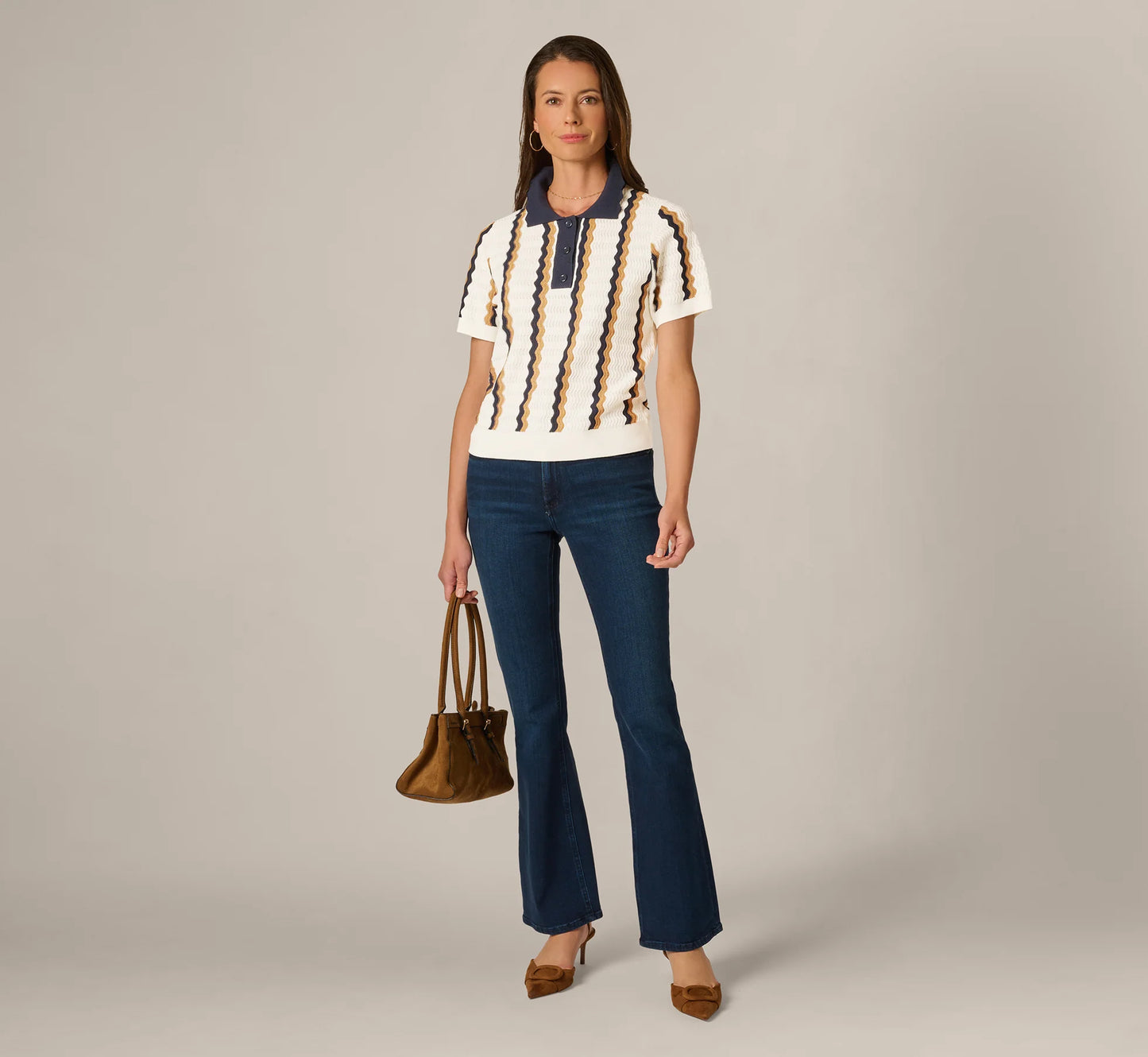 Open Knit Pointelle Scalloped Polo Sweater In Ivory Navy Camel