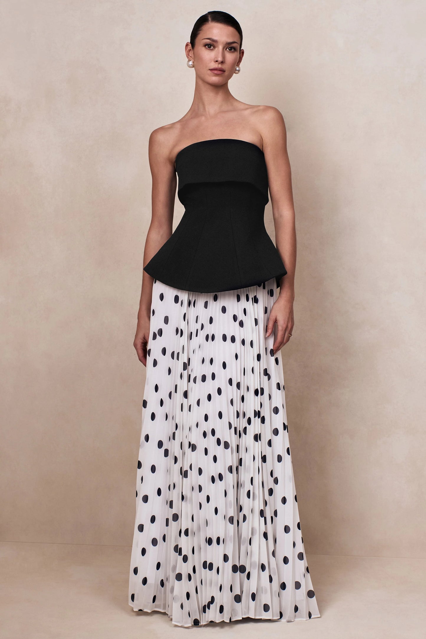 Stellara Black & White Polka Dot Bandeau Corset Maxi Dress With Sheer Skirt