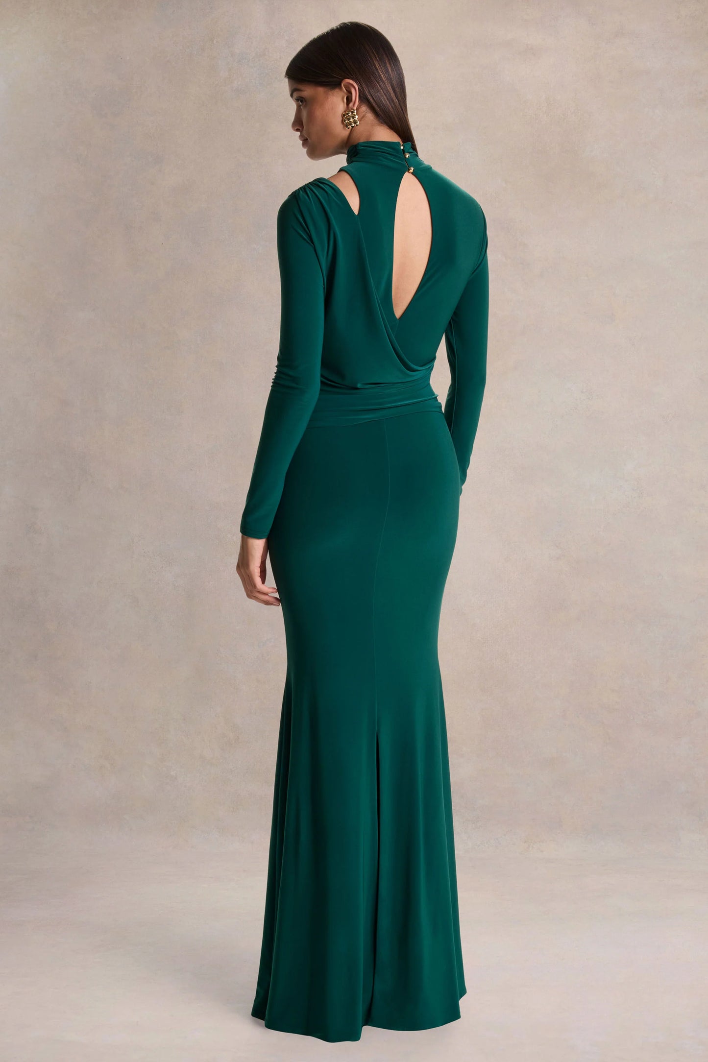 Alastrina Dark Green High-Neck Maxi Dress With Gathered-Detailing