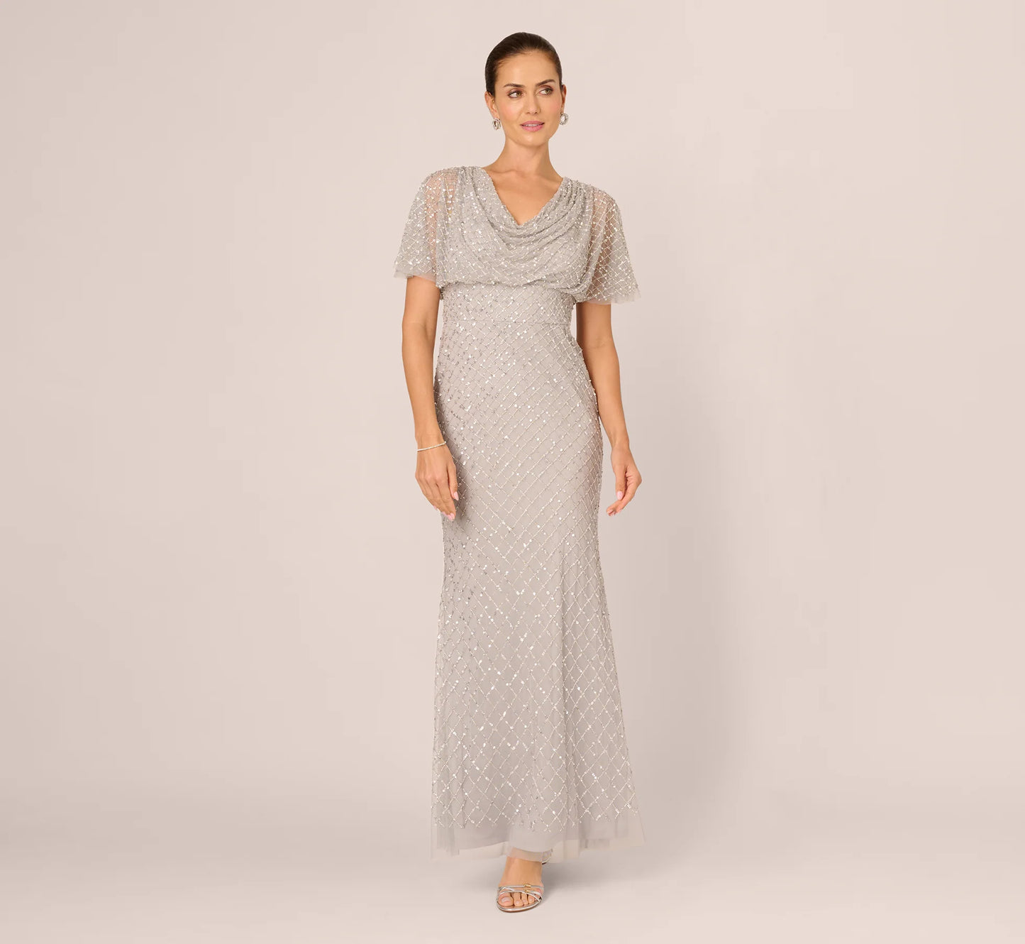 Short Sleeve Diamond Beaded Cowl Gown In Crystal Silver