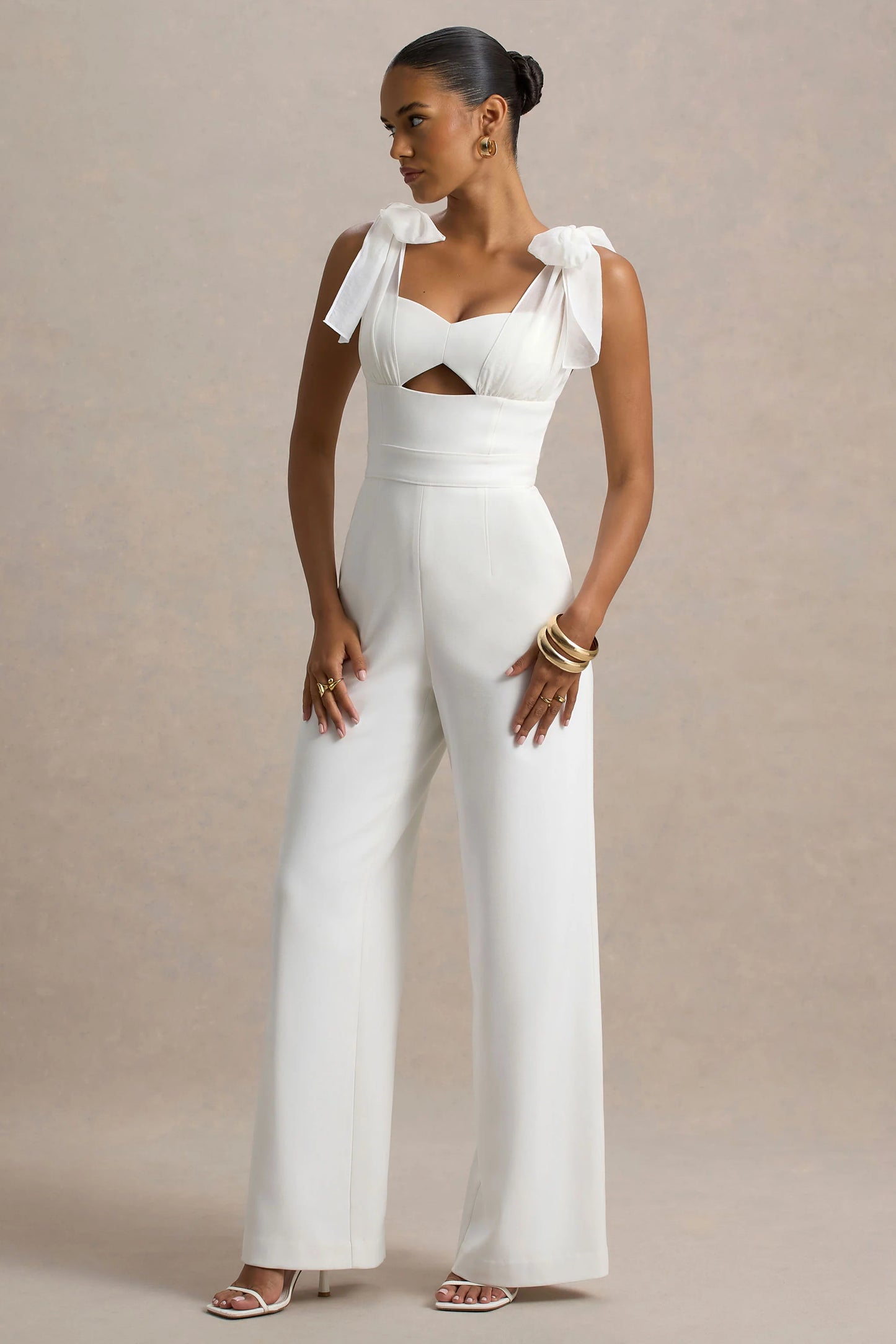 Claudelle White Flared-Leg Jumpsuit With Organza Bow Straps