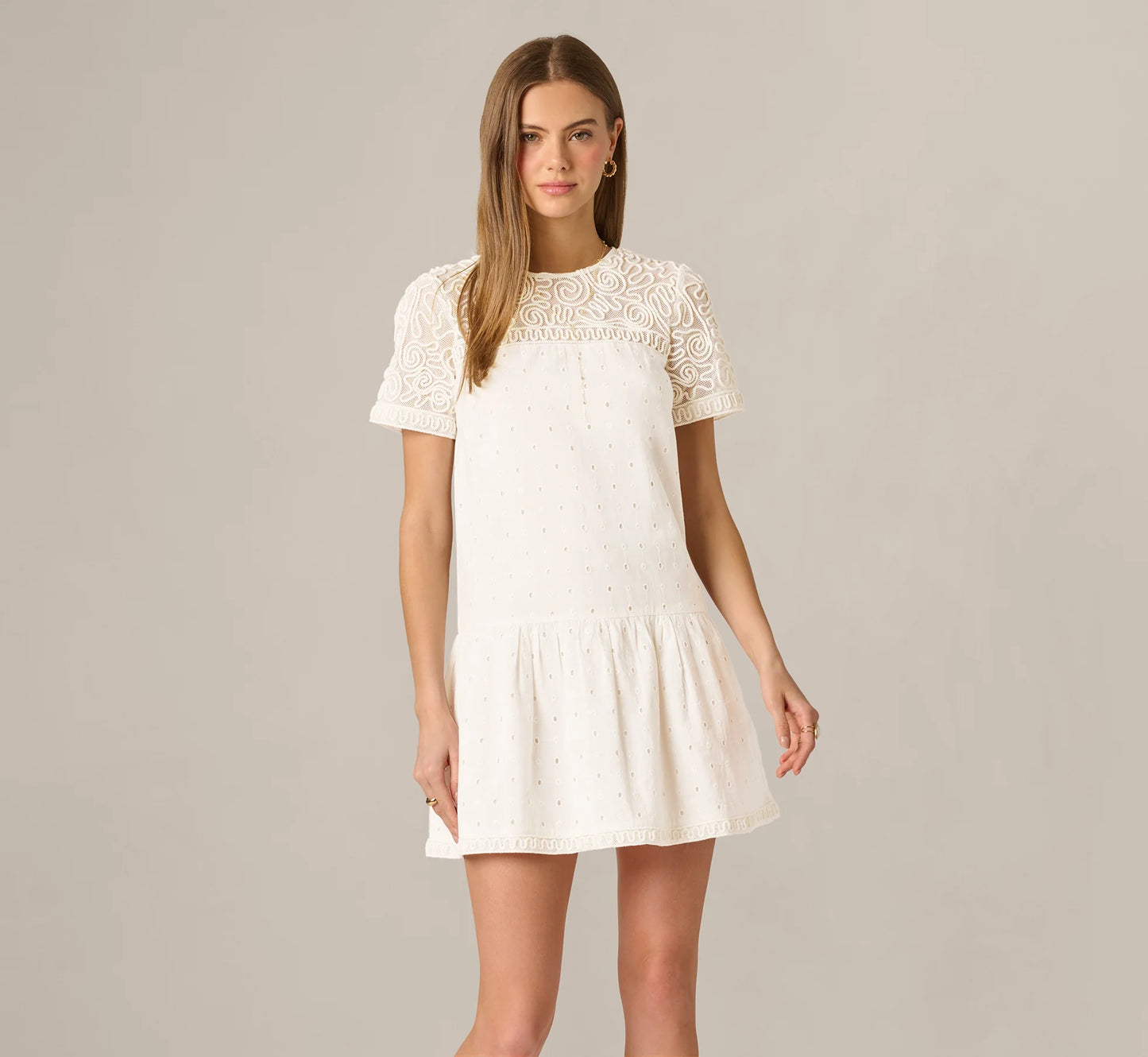 Short Sleeve Drop Waist Cotton Eyelet Shift Dress In Ivory