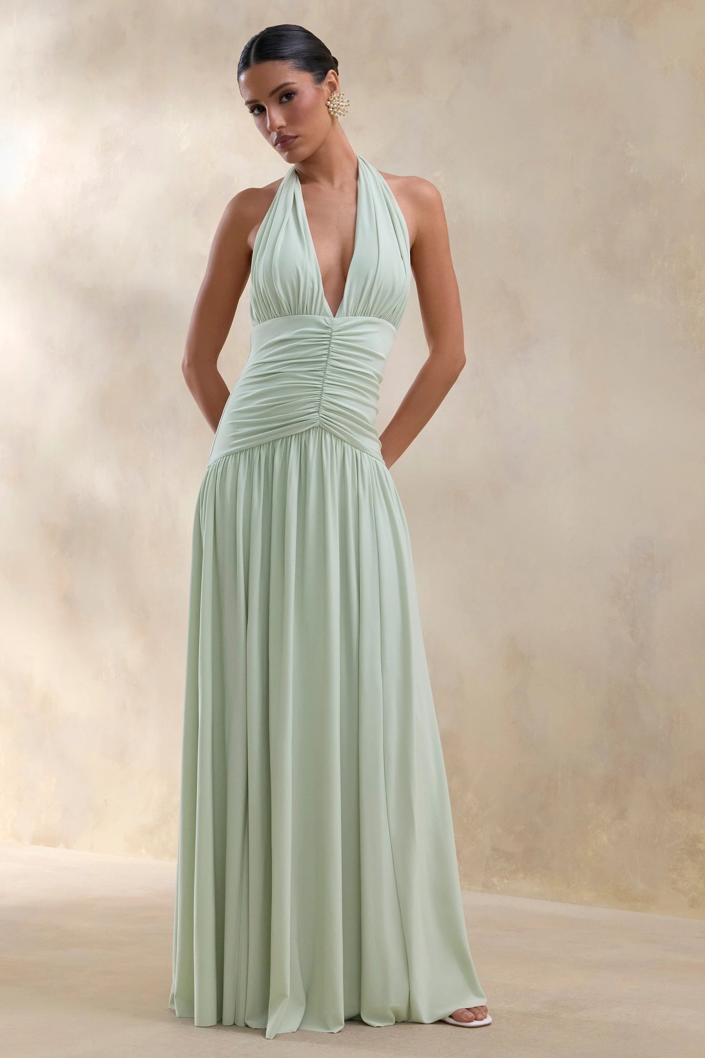 Bettina Sage Plunge-Neck Maxi Dress With Gathered-Detailing