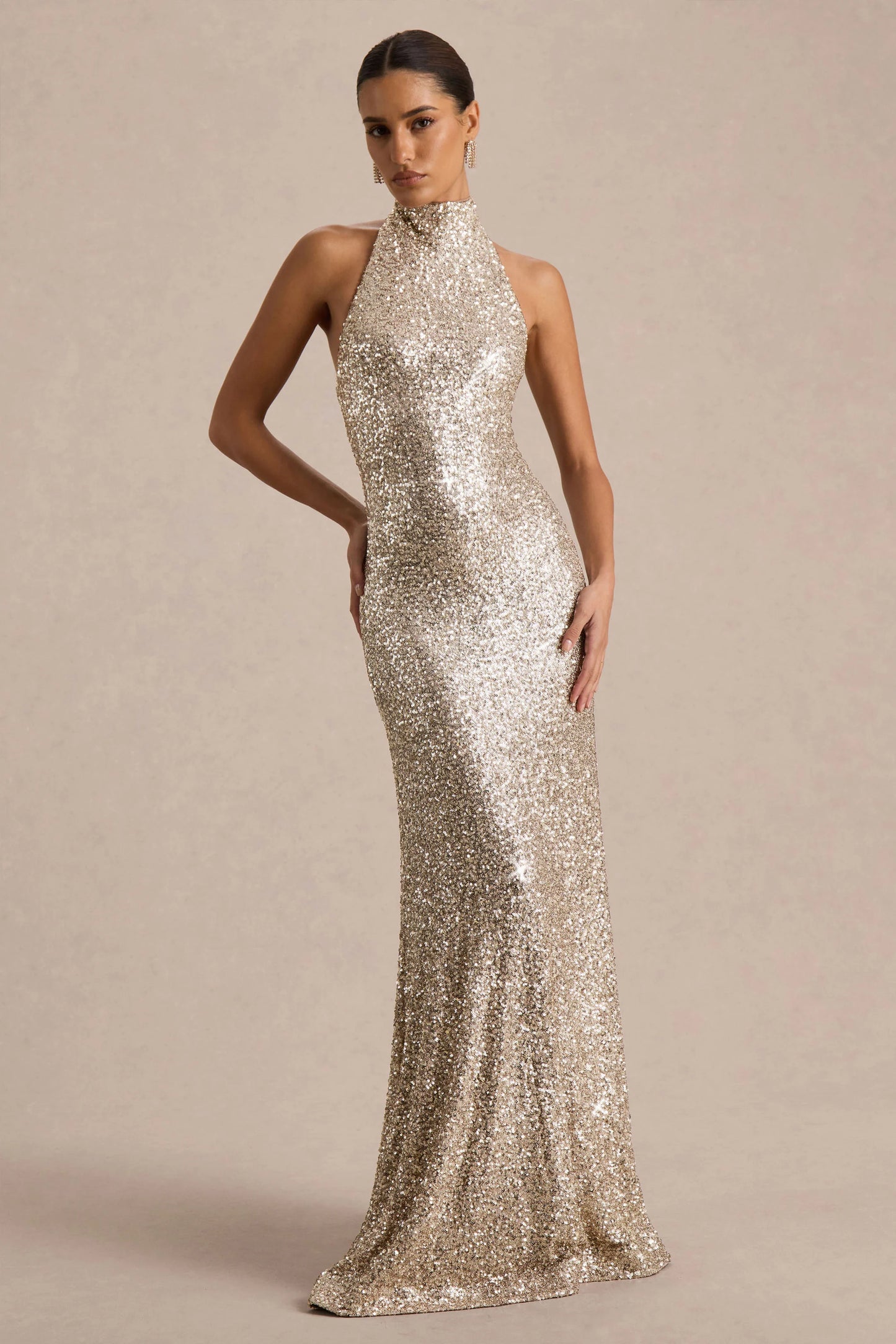 Tulia Gold Sequin High-Neck Maxi Dress